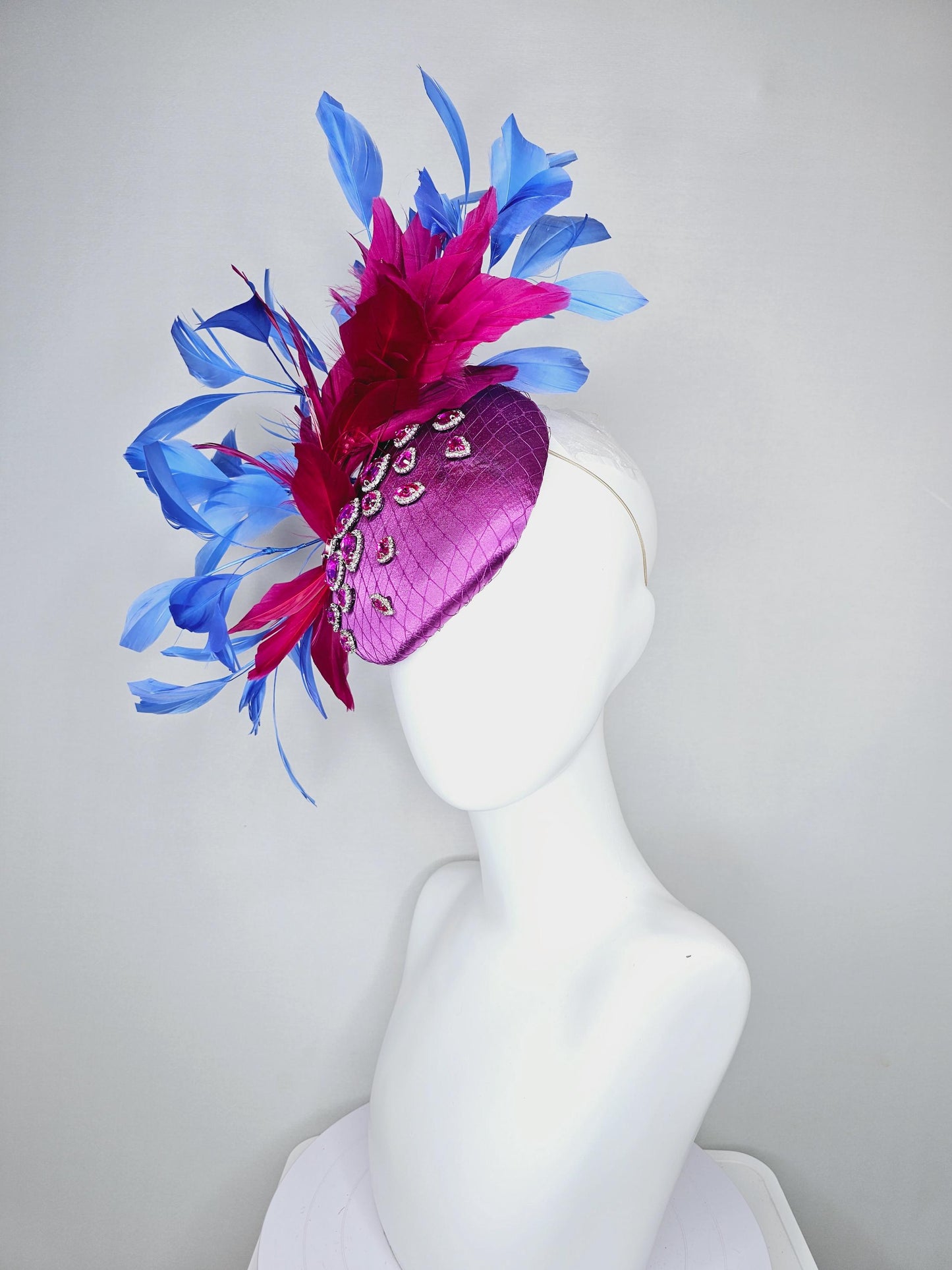 kentucky derby hat fascinator violet purple satin with netting, pink crystal rhinestones jewels, dark pink cobalt blue branching feathers