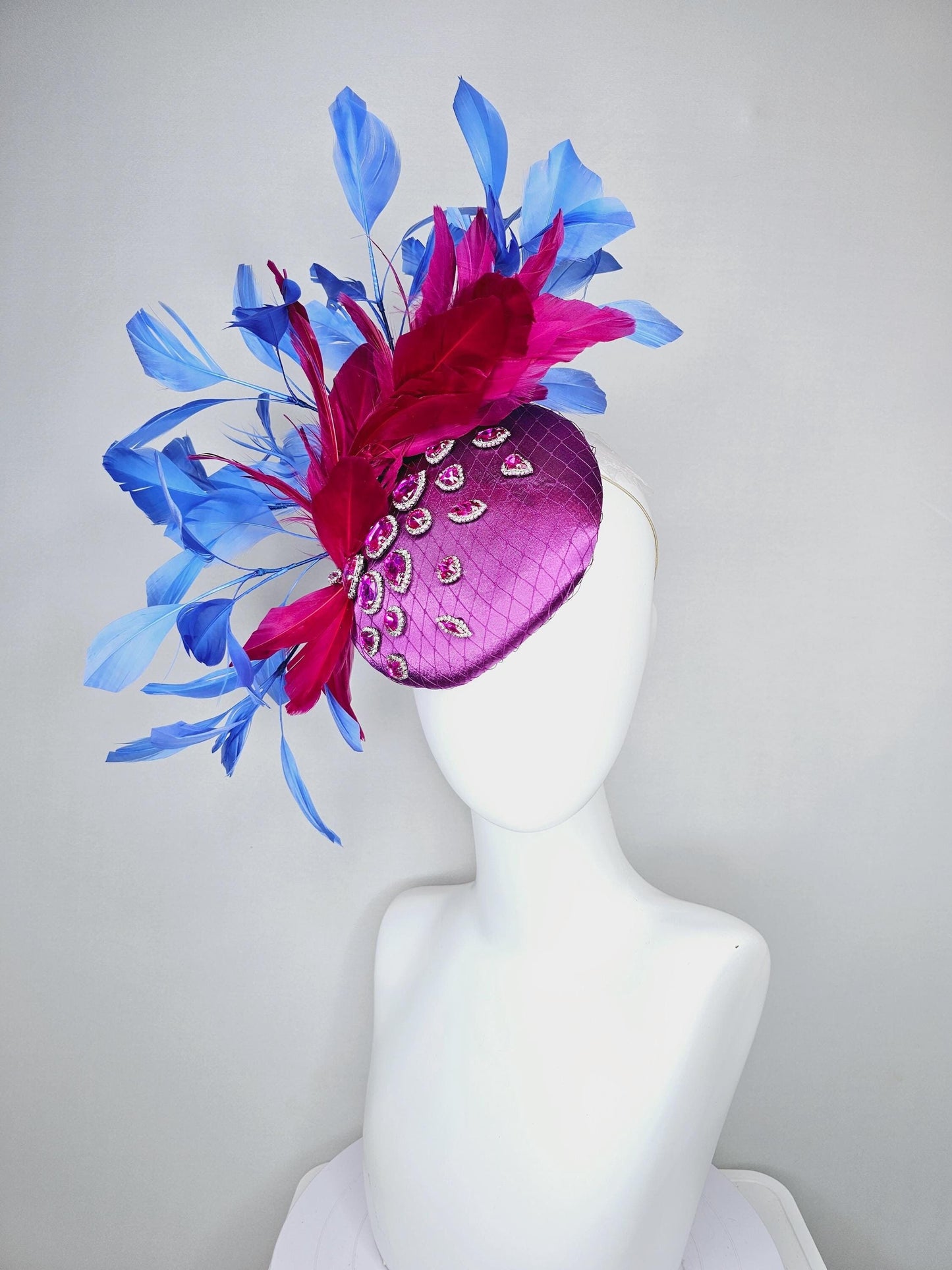 kentucky derby hat fascinator violet purple satin with netting, pink crystal rhinestones jewels, dark pink cobalt blue branching feathers