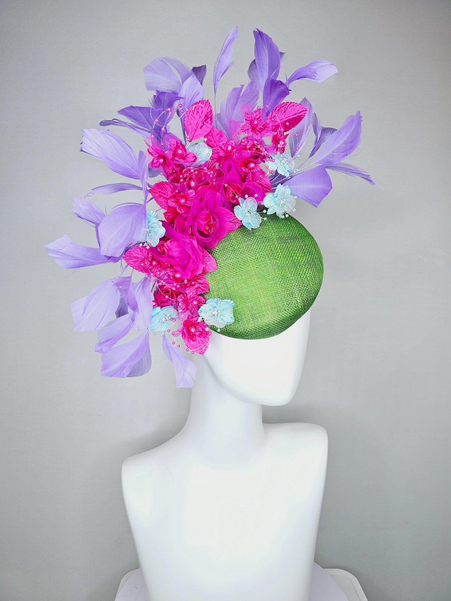 kentucky derby hat fascinator lime green sinamay,bright pink fuchsia baby blue organza satin flowers, pink leaves,lavender purple feathers