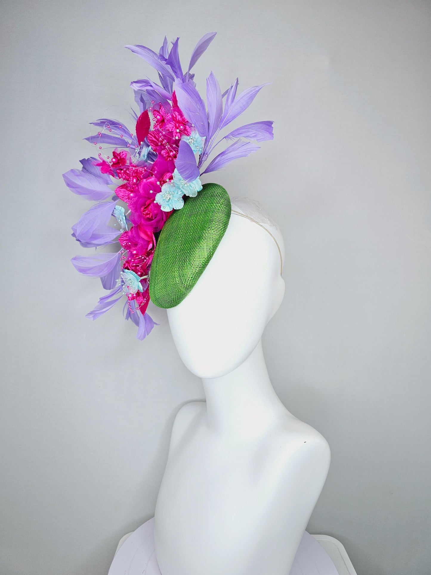 kentucky derby hat fascinator lime green sinamay,bright pink fuchsia baby blue organza satin flowers, pink leaves,lavender purple feathers