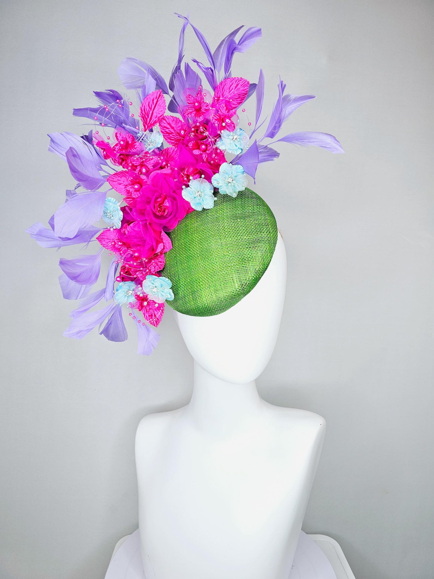 kentucky derby hat fascinator lime green sinamay,bright pink fuchsia baby blue organza satin flowers, pink leaves,lavender purple feathers