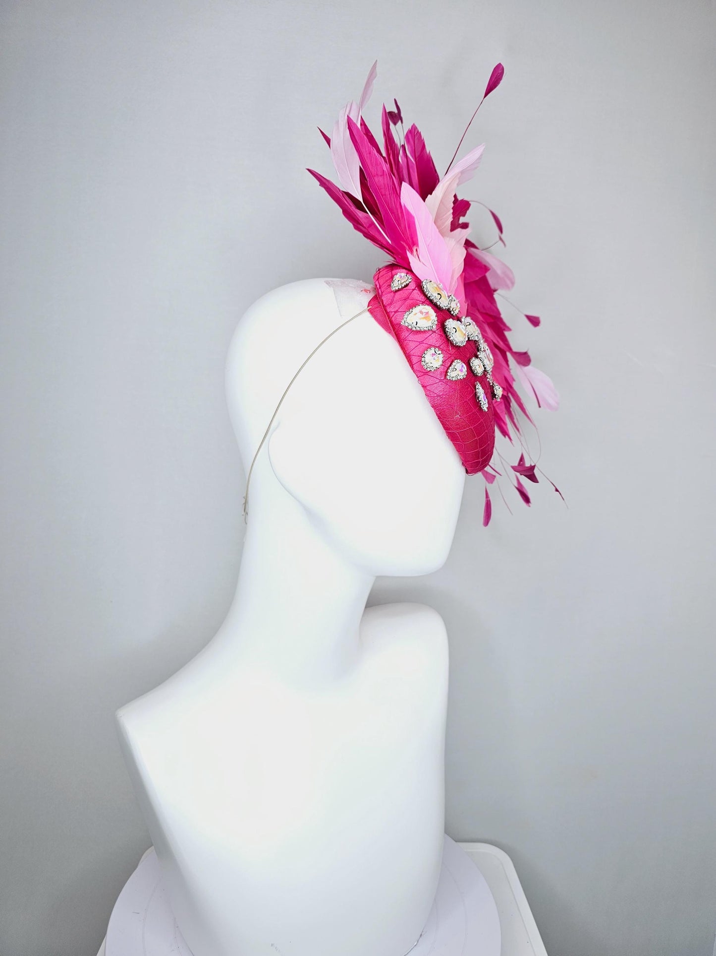 kentucky derby hat fascinator hot pink satin with netting, iridescent crystal rhinestones jewels,light blush pink hot bright pink feathers