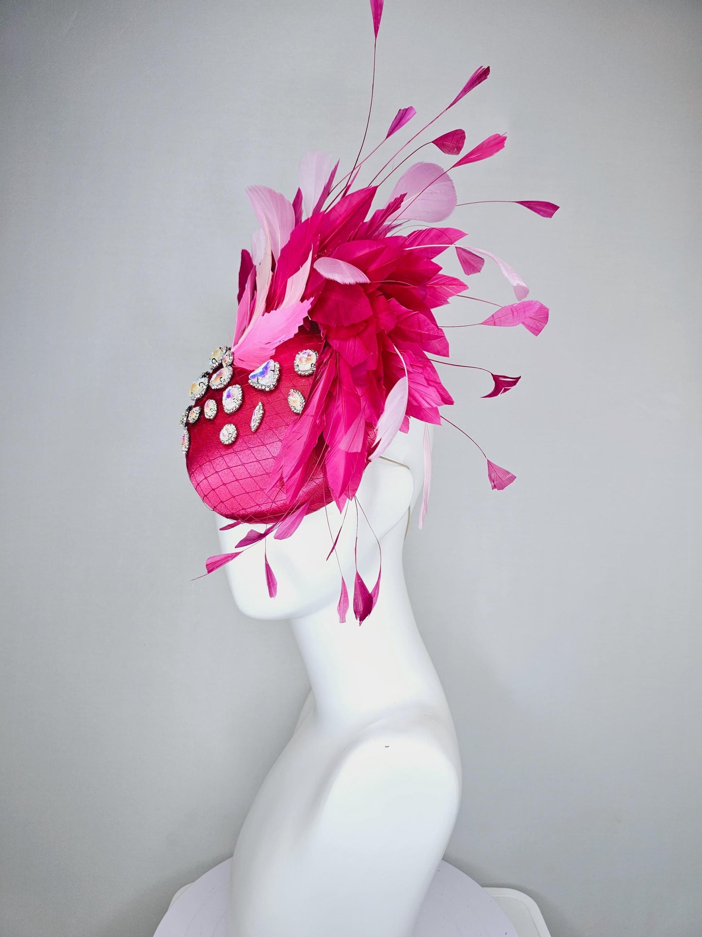 kentucky derby hat fascinator hot pink satin with netting, iridescent crystal rhinestones jewels,light blush pink hot bright pink feathers