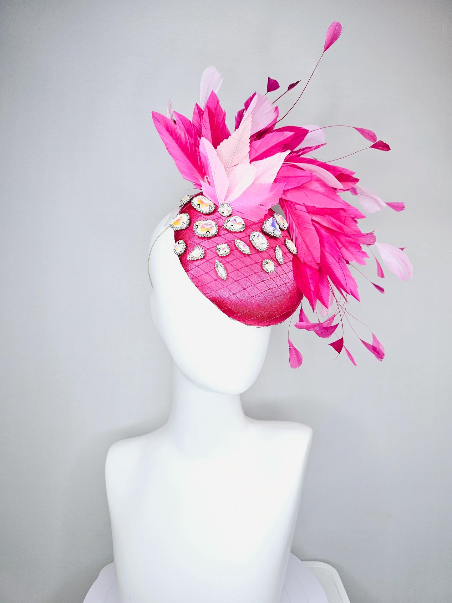 kentucky derby hat fascinator hot pink satin with netting, iridescent crystal rhinestones jewels,light blush pink hot bright pink feathers