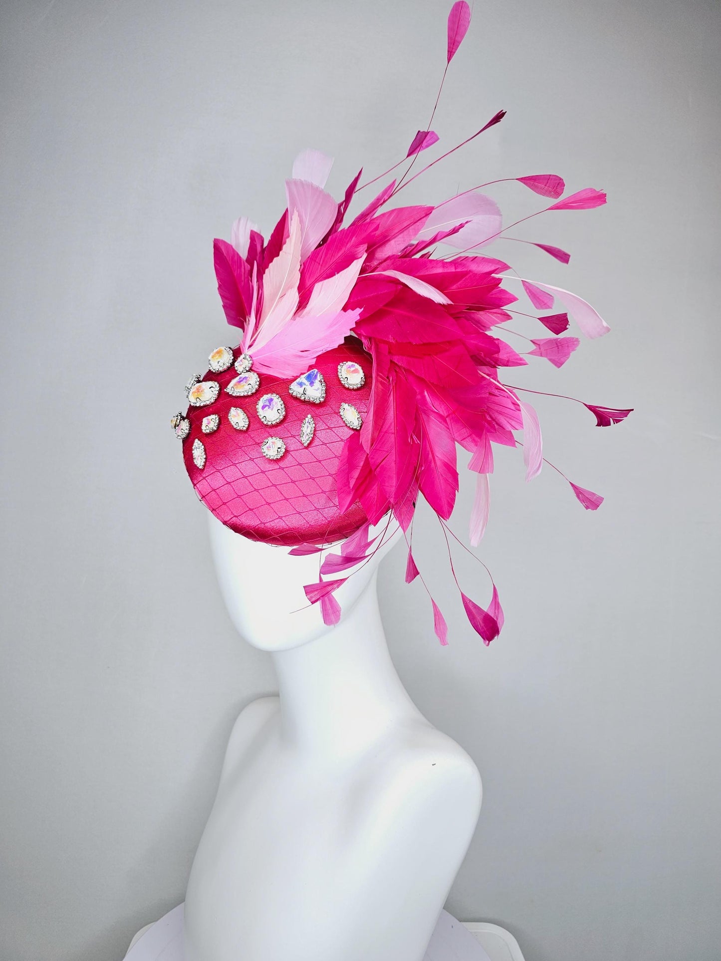 kentucky derby hat fascinator hot pink satin with netting, iridescent crystal rhinestones jewels,light blush pink hot bright pink feathers