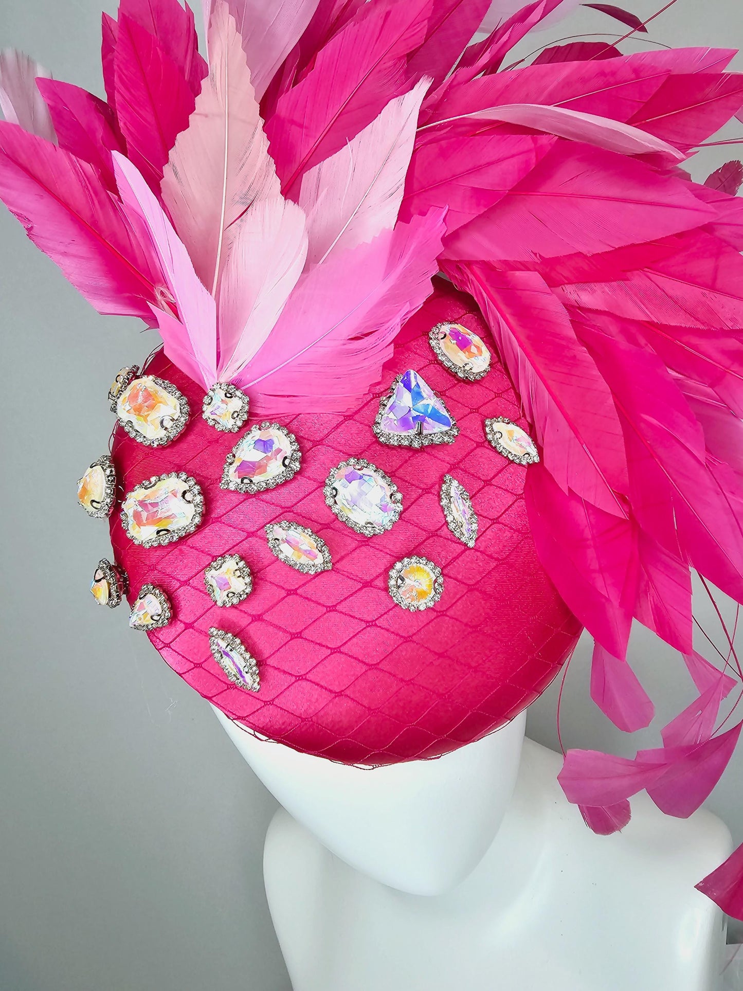 kentucky derby hat fascinator hot pink satin with netting, iridescent crystal rhinestones jewels,light blush pink hot bright pink feathers