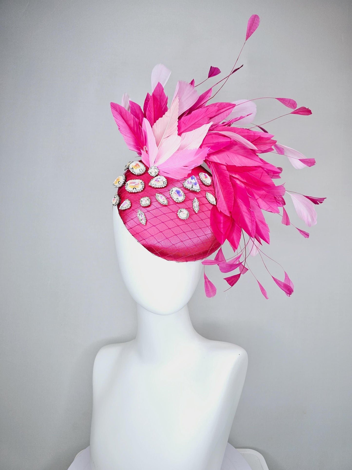 kentucky derby hat fascinator hot pink satin with netting, iridescent crystal rhinestones jewels,light blush pink hot bright pink feathers