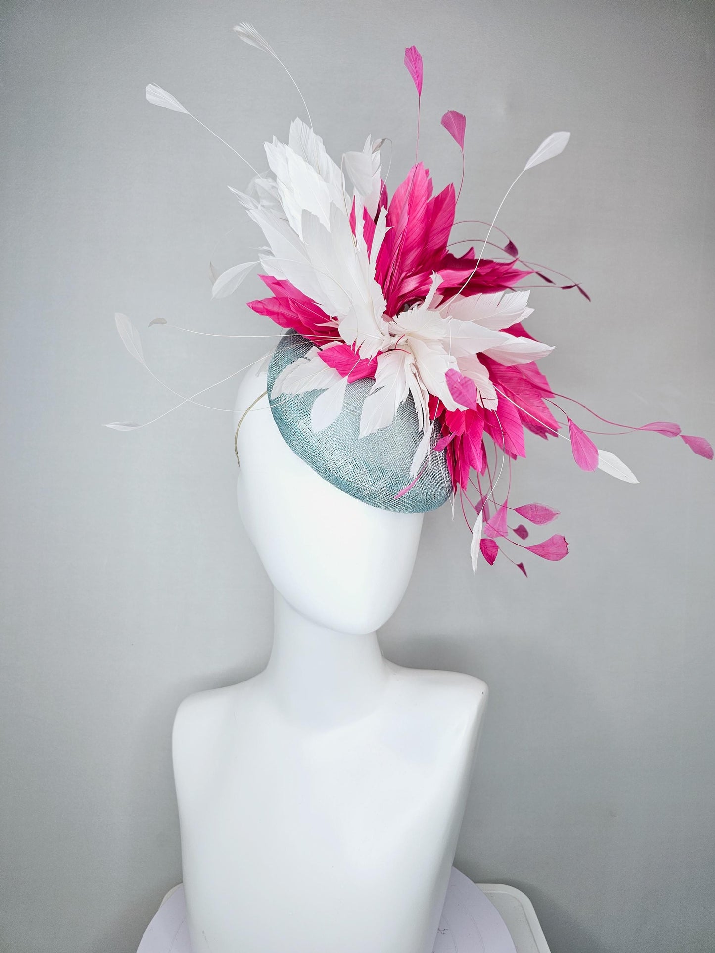 kentucky derby hat fascinator light blue sinamay with fluffy white and hot pink branching feathers