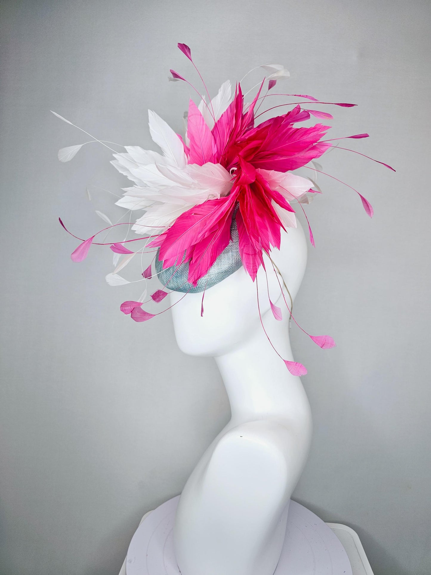 kentucky derby hat fascinator light blue sinamay with fluffy white and hot pink branching feathers