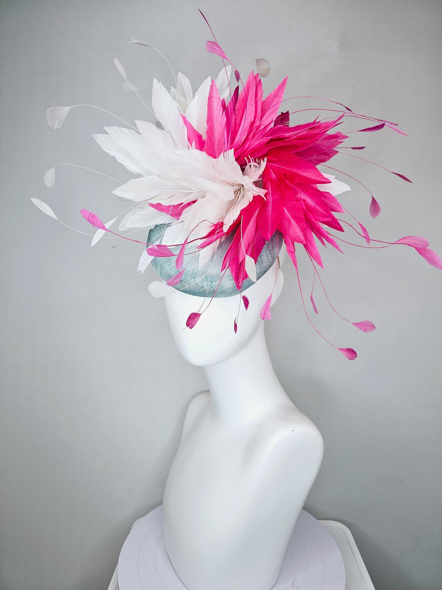 kentucky derby hat fascinator light blue sinamay with fluffy white and hot pink branching feathers