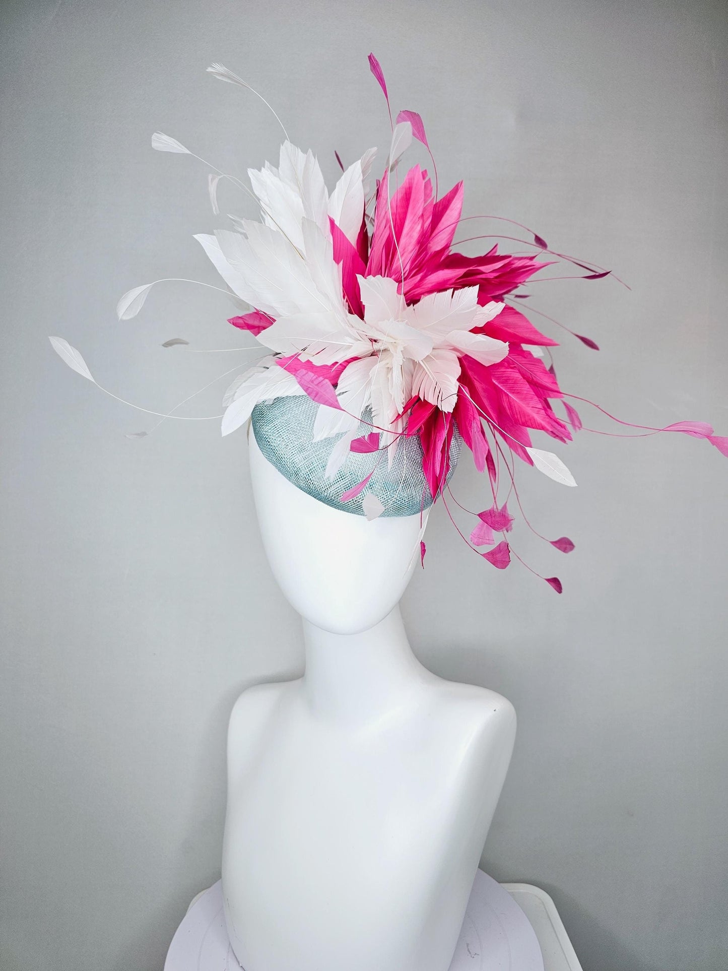 kentucky derby hat fascinator light blue sinamay with fluffy white and hot pink branching feathers