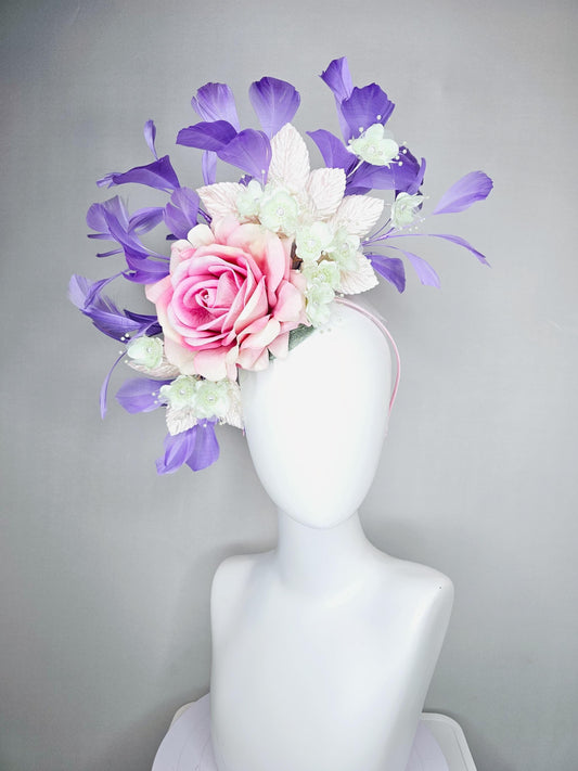 kentucky derby hat fascinator pink ombre satin rose, ivory white organza satin flowers, light pink leaves,lavender purple branching feathers