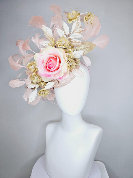 kentucky derby hat fascinator pink ombre satin rose, gold organza satin flowers, gold ombre leaves, light blush pink branching feathers