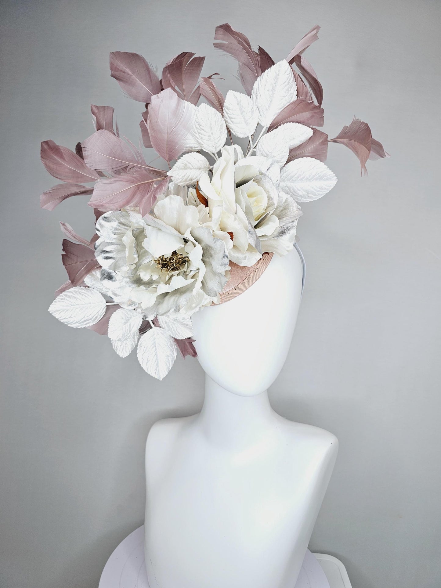 kentucky derby hat fascinator large neutral ivory white silver satin flowers, white leaves, mauve taupe branching feathers