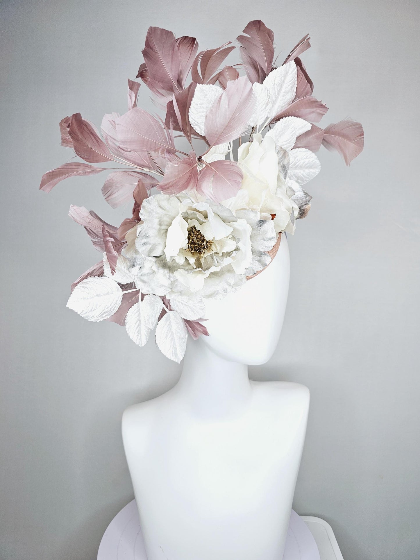 kentucky derby hat fascinator large neutral ivory white silver satin flowers, white leaves, mauve taupe branching feathers