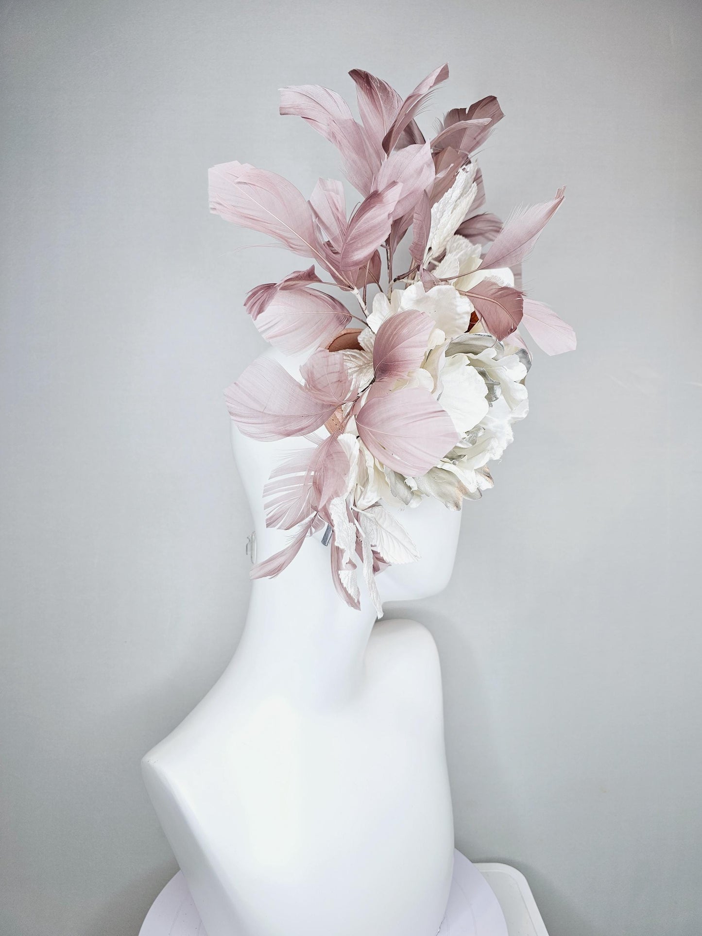 kentucky derby hat fascinator large neutral ivory white silver satin flowers, white leaves, mauve taupe branching feathers