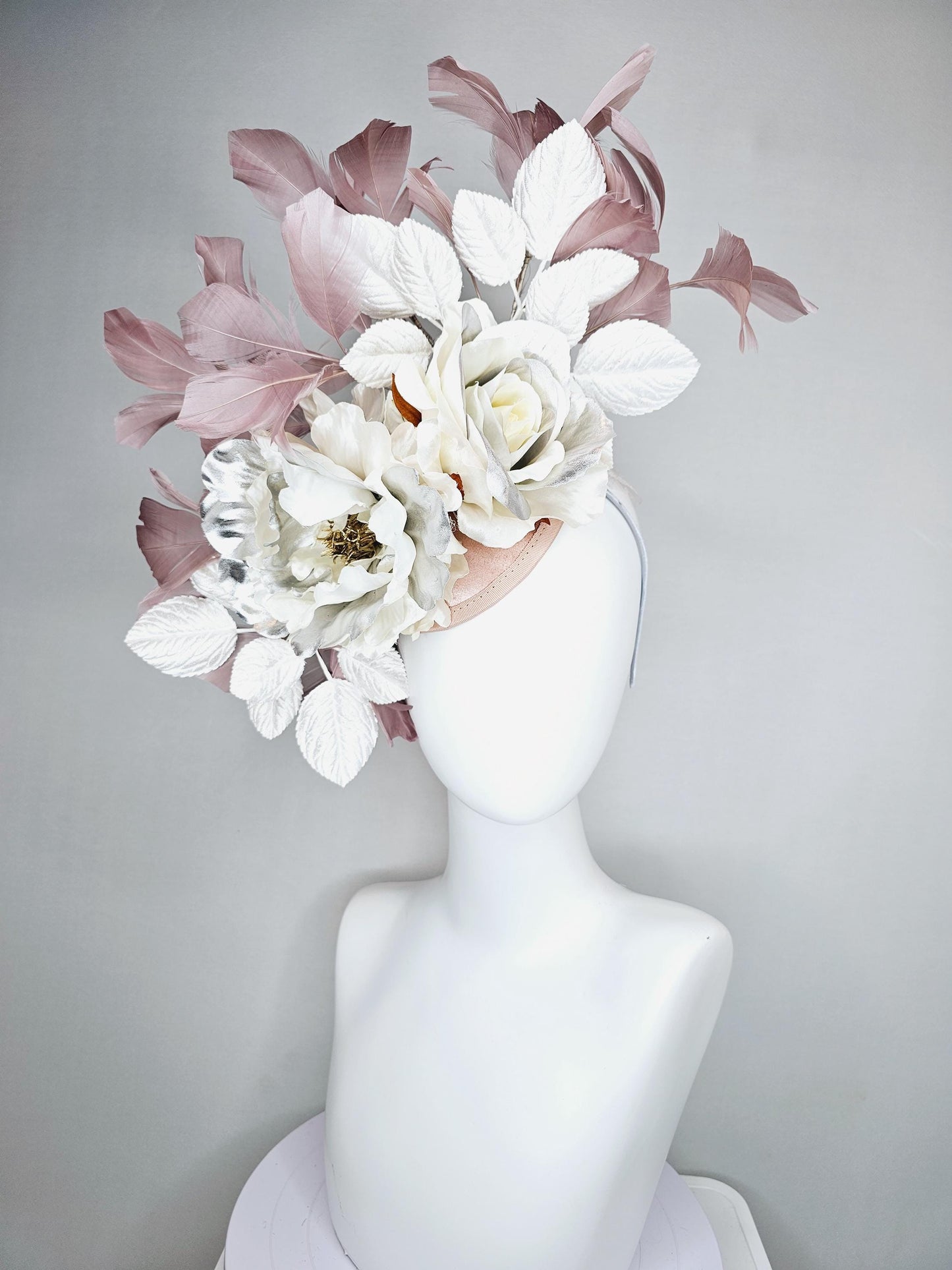 kentucky derby hat fascinator large neutral ivory white silver satin flowers, white leaves, mauve taupe branching feathers