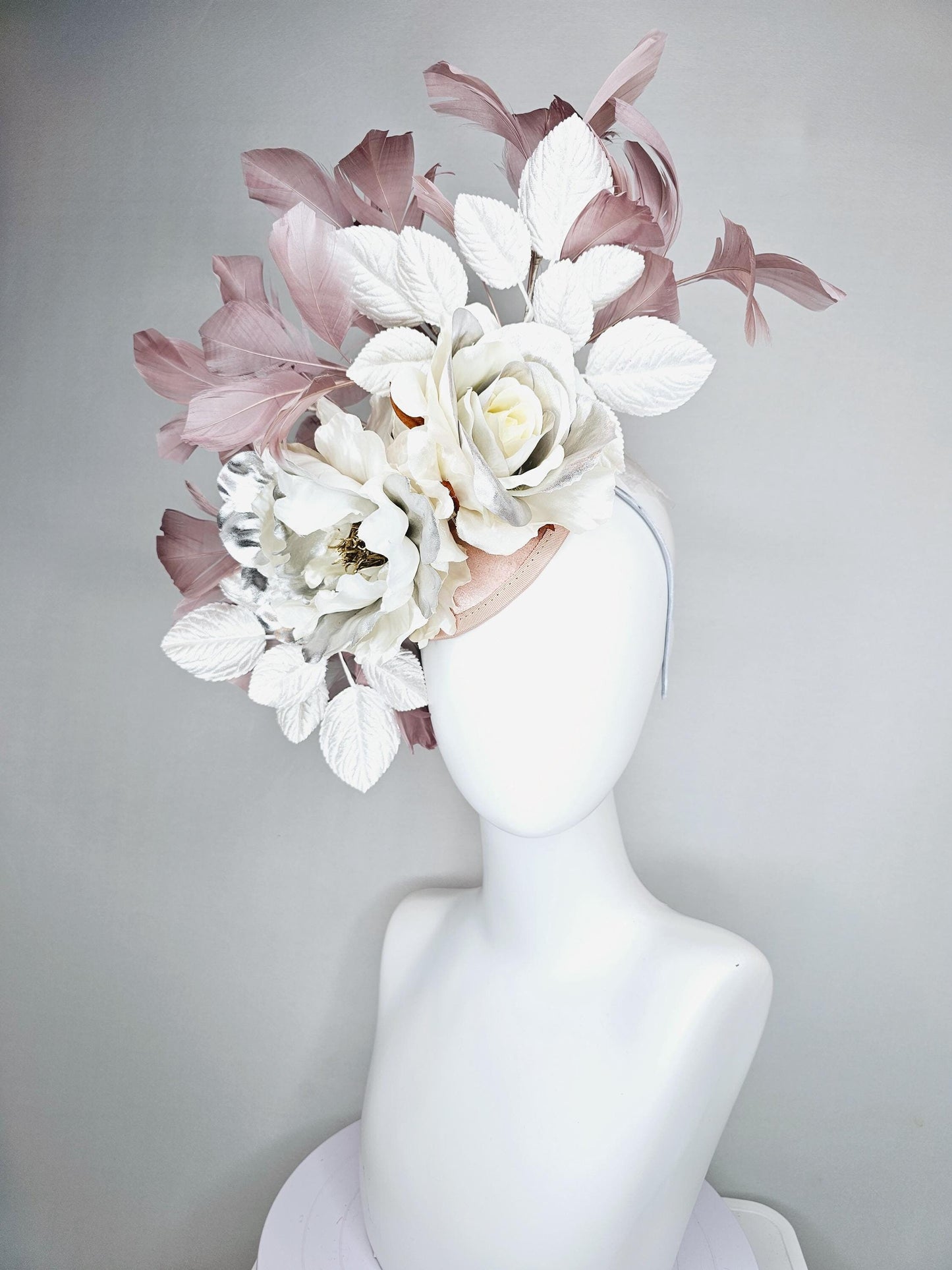 kentucky derby hat fascinator large neutral ivory white silver satin flowers, white leaves, mauve taupe branching feathers