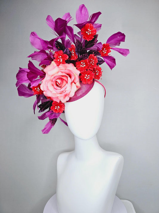 kentucky derby hat fascinator pink ombre satin rose, scarlet red satin flowers, purple leaves, magenta purple branching feathers