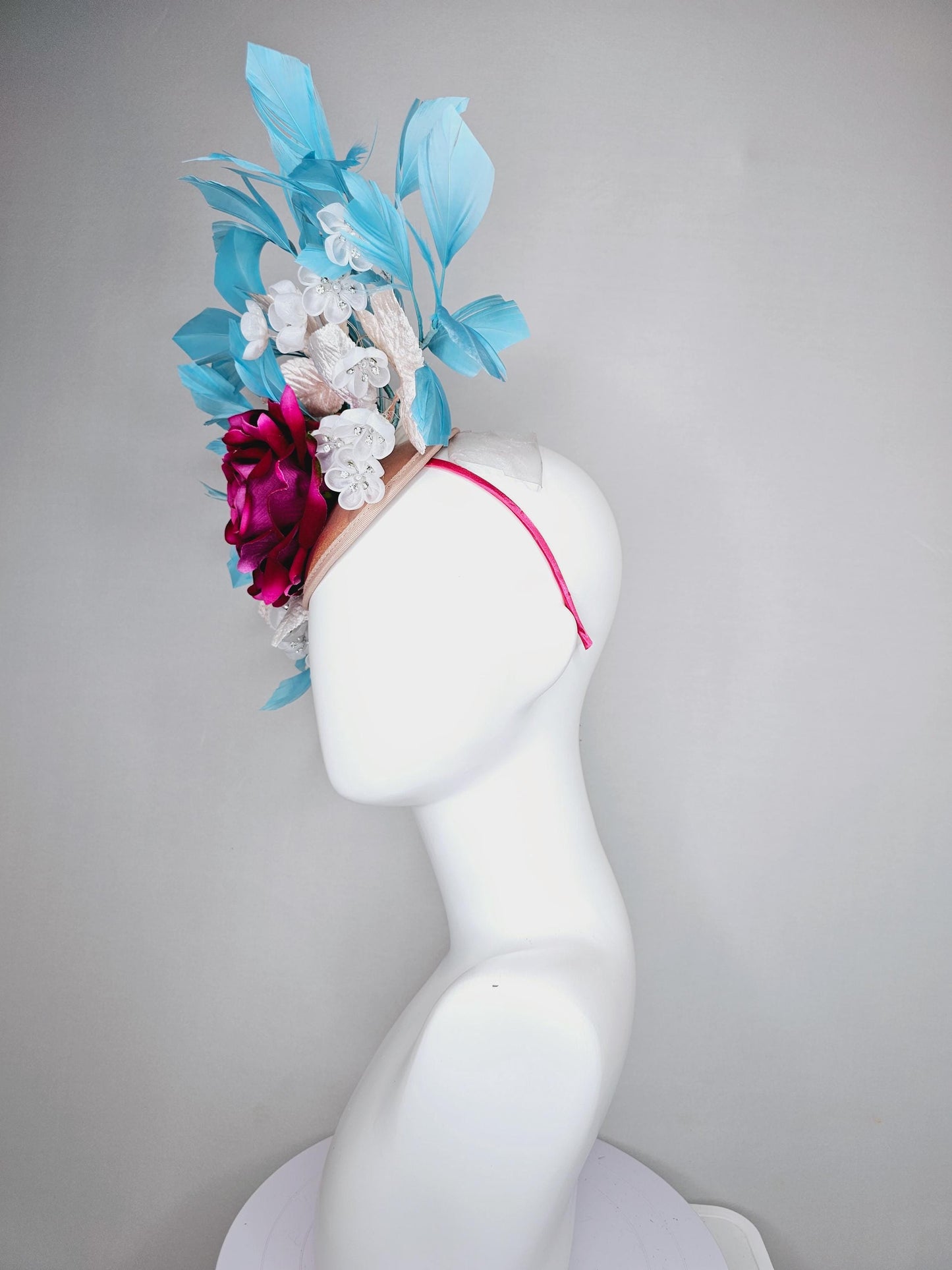 kentucky derby hat fascinator ombre fuchsia pink satin rose,white flowers with crystal pearl center,white leaves,sky blue branching feathers