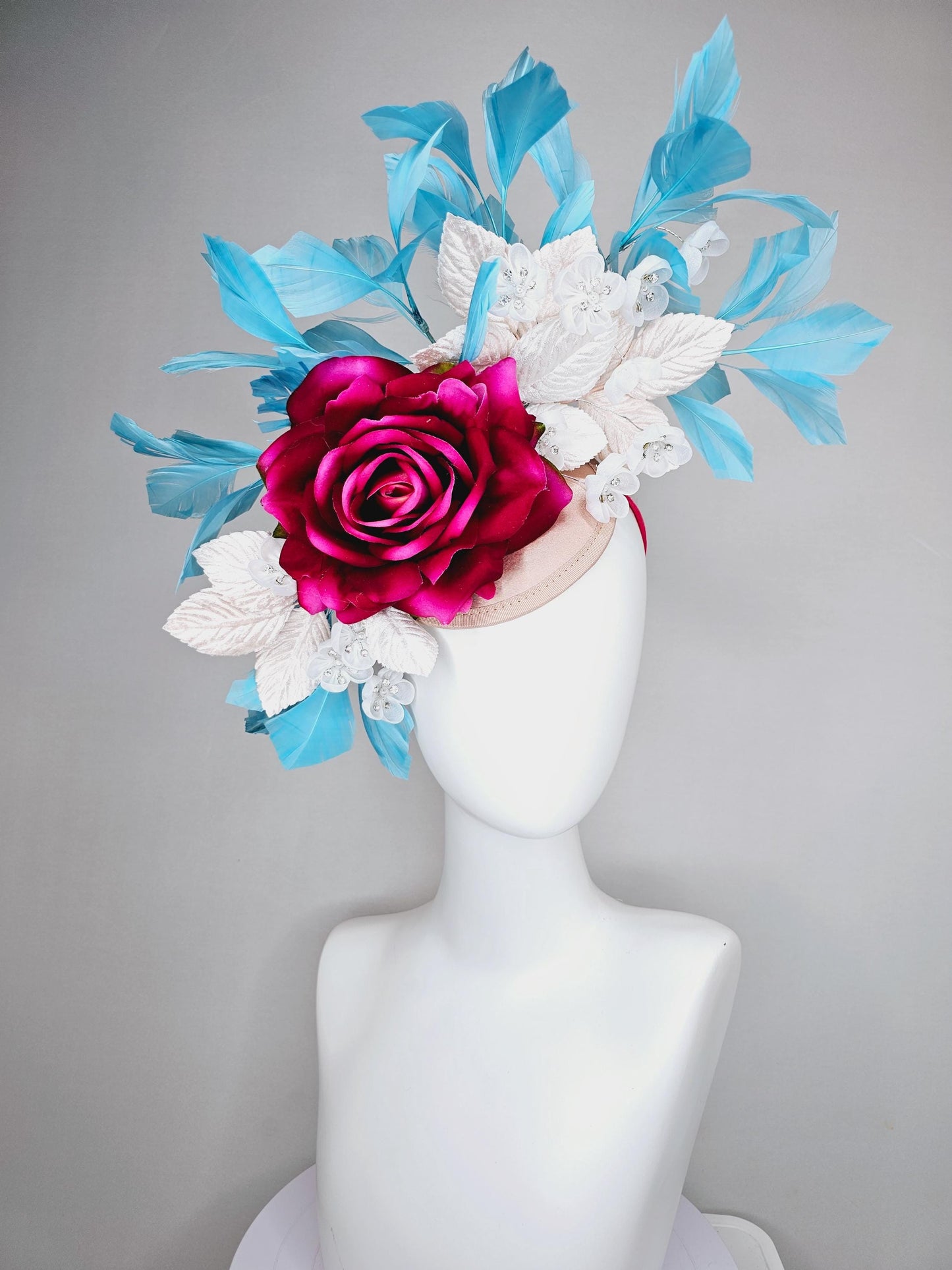 kentucky derby hat fascinator ombre fuchsia pink satin rose,white flowers with crystal pearl center,white leaves,sky blue branching feathers