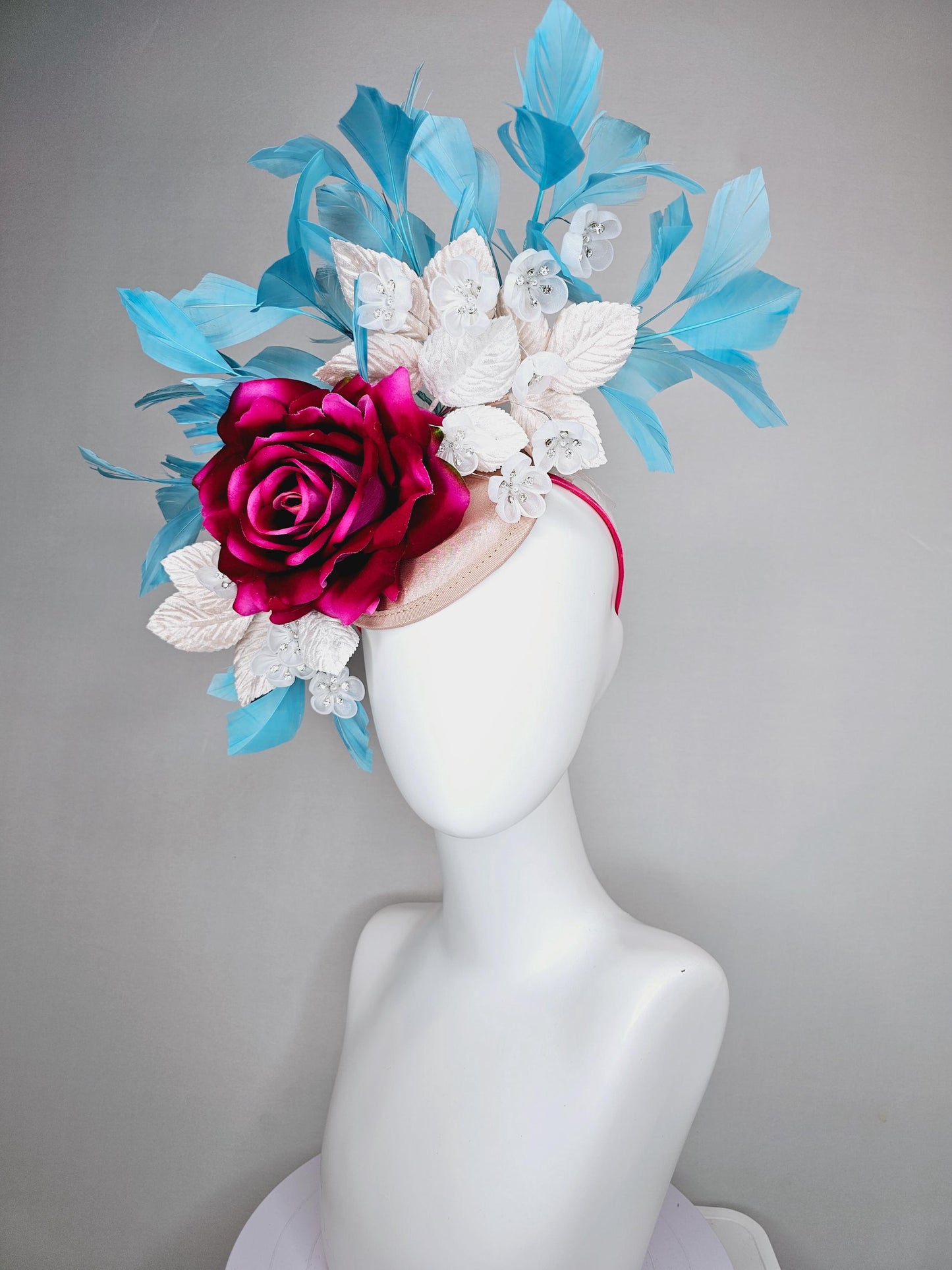 kentucky derby hat fascinator ombre fuchsia pink satin rose,white flowers with crystal pearl center,white leaves,sky blue branching feathers