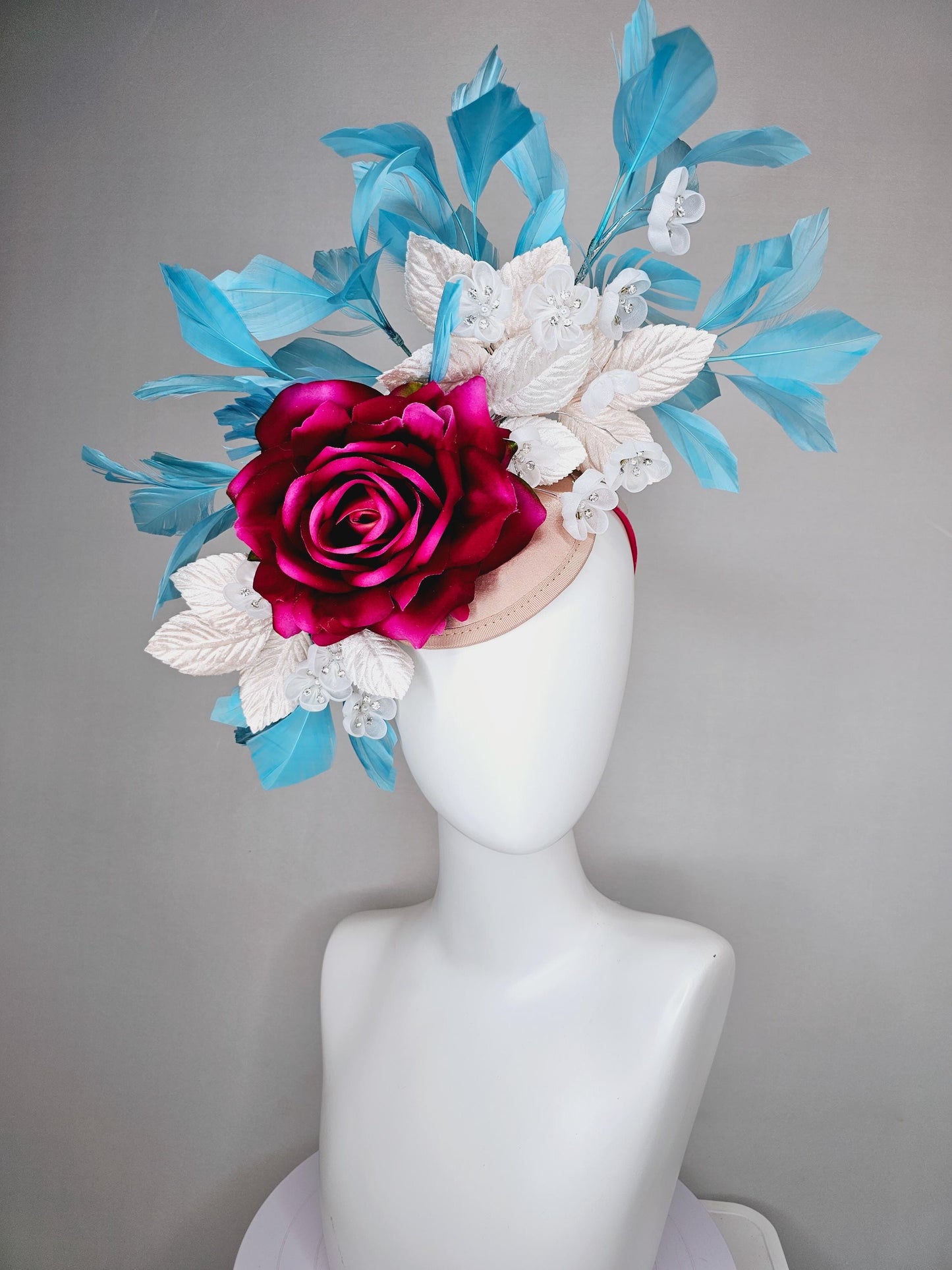 kentucky derby hat fascinator ombre fuchsia pink satin rose,white flowers with crystal pearl center,white leaves,sky blue branching feathers