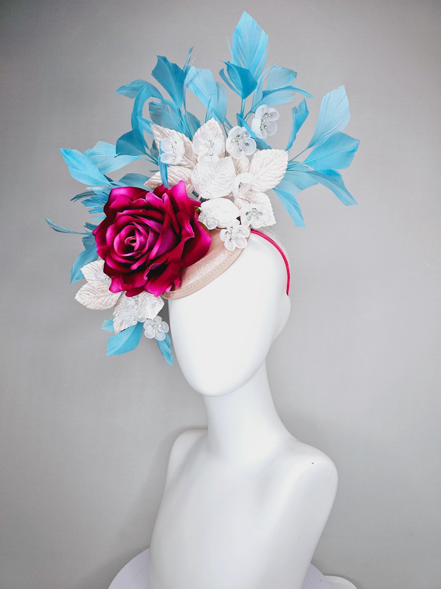 kentucky derby hat fascinator ombre fuchsia pink satin rose,white flowers with crystal pearl center,white leaves,sky blue branching feathers