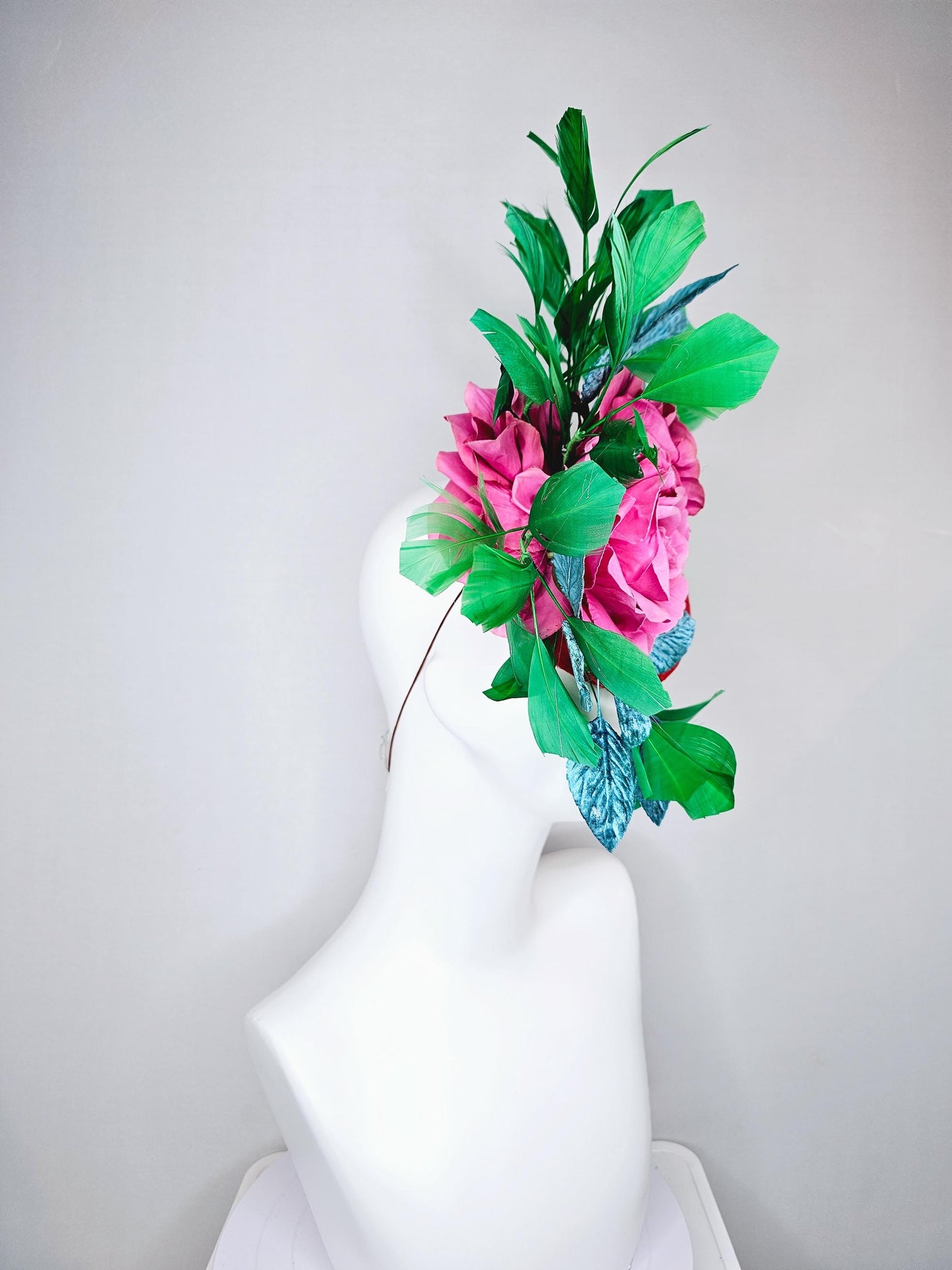 kentucky derby hat fascinator bright red satin with netting,pink satin roses,turquoise blue velvet leaves,emerald green branching feathers