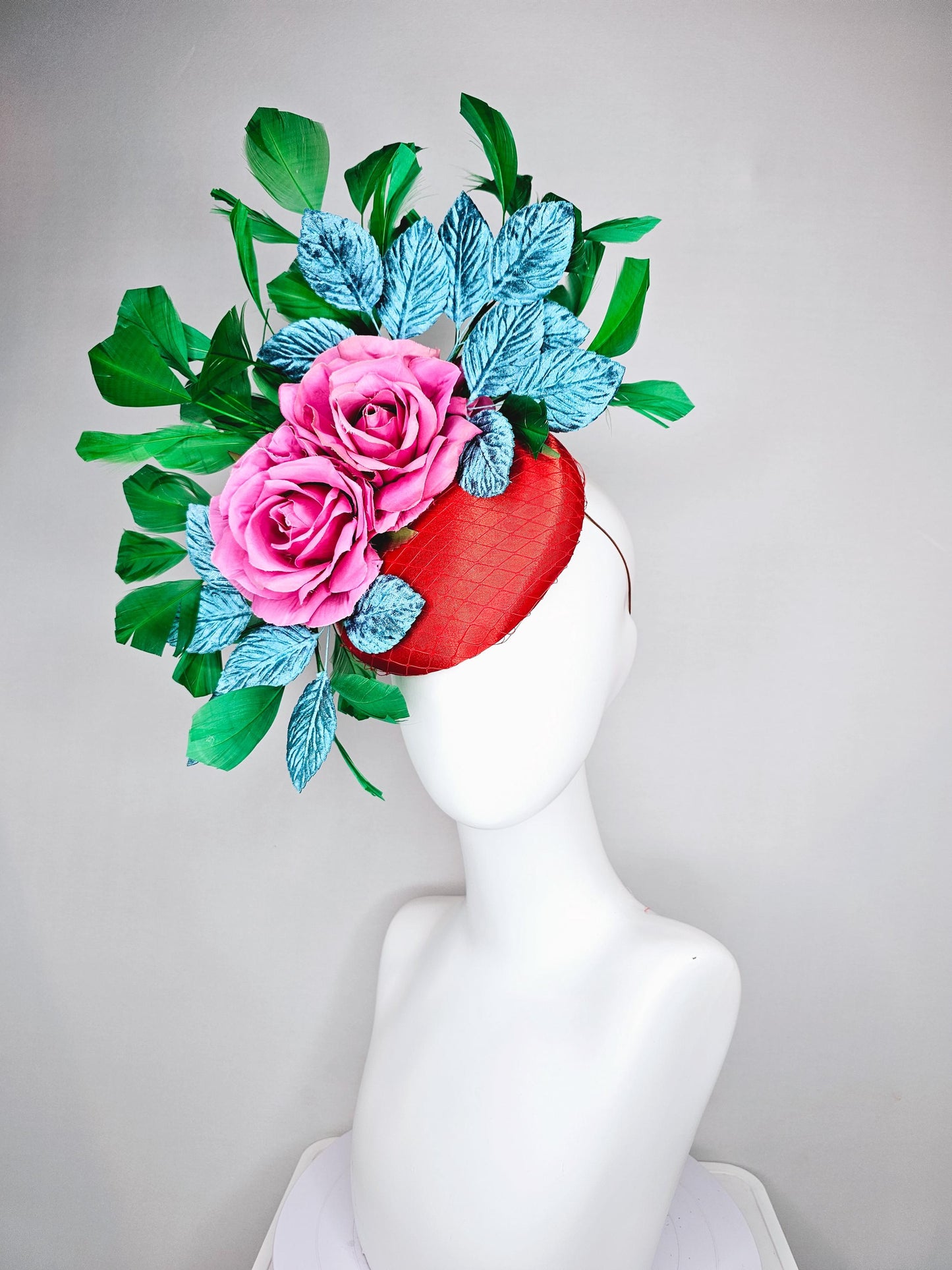 kentucky derby hat fascinator bright red satin with netting,pink satin roses,turquoise blue velvet leaves,emerald green branching feathers