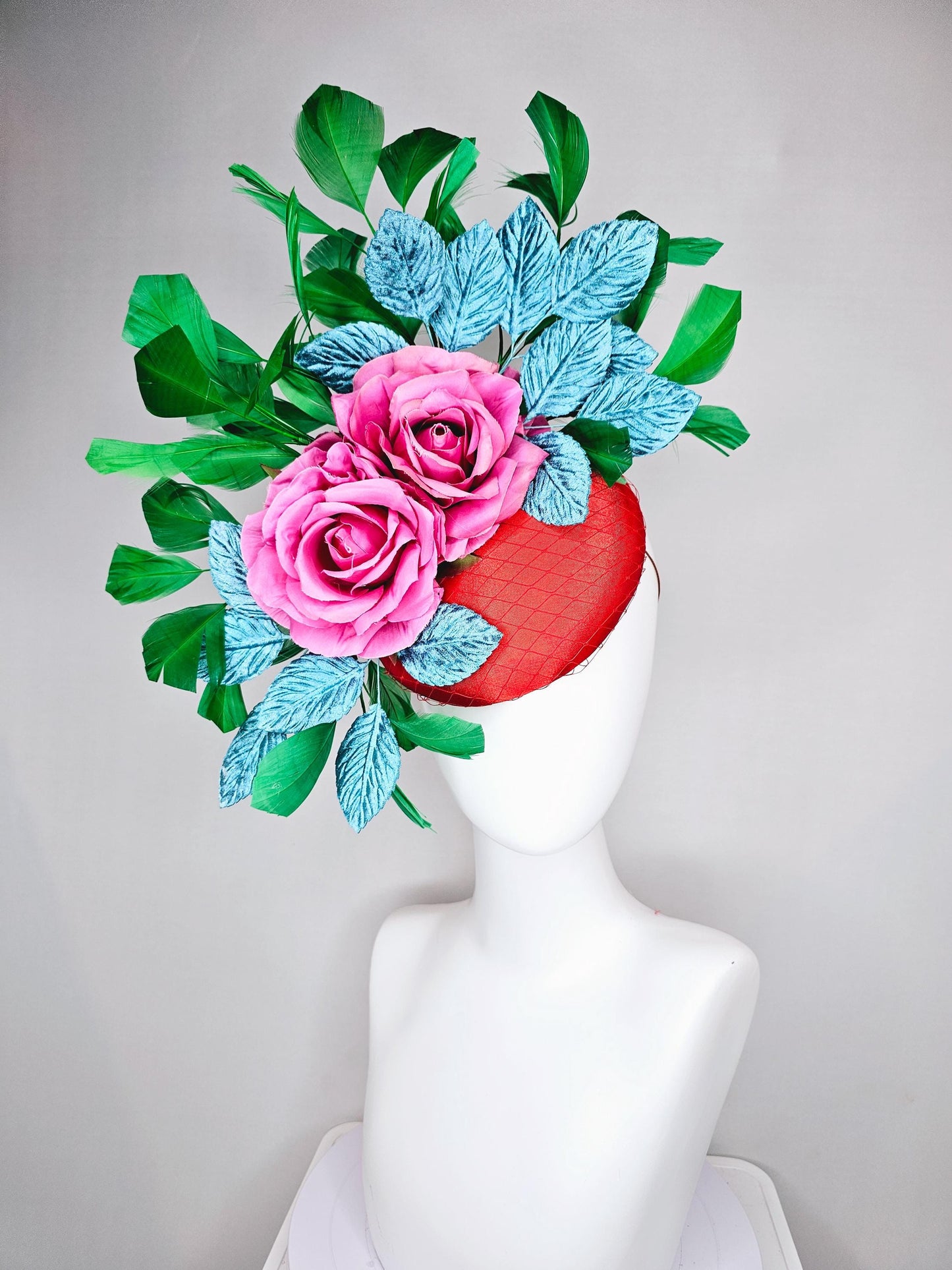 kentucky derby hat fascinator bright red satin with netting,pink satin roses,turquoise blue velvet leaves,emerald green branching feathers