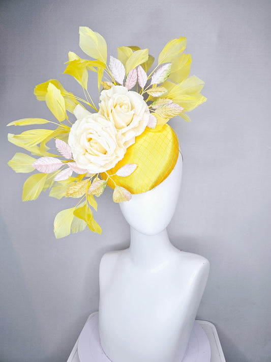 kentucky derby hat fascinator bright yellow satin with netting,ivory cream satin roses,ombre yellow leaves and yellow branching feathers