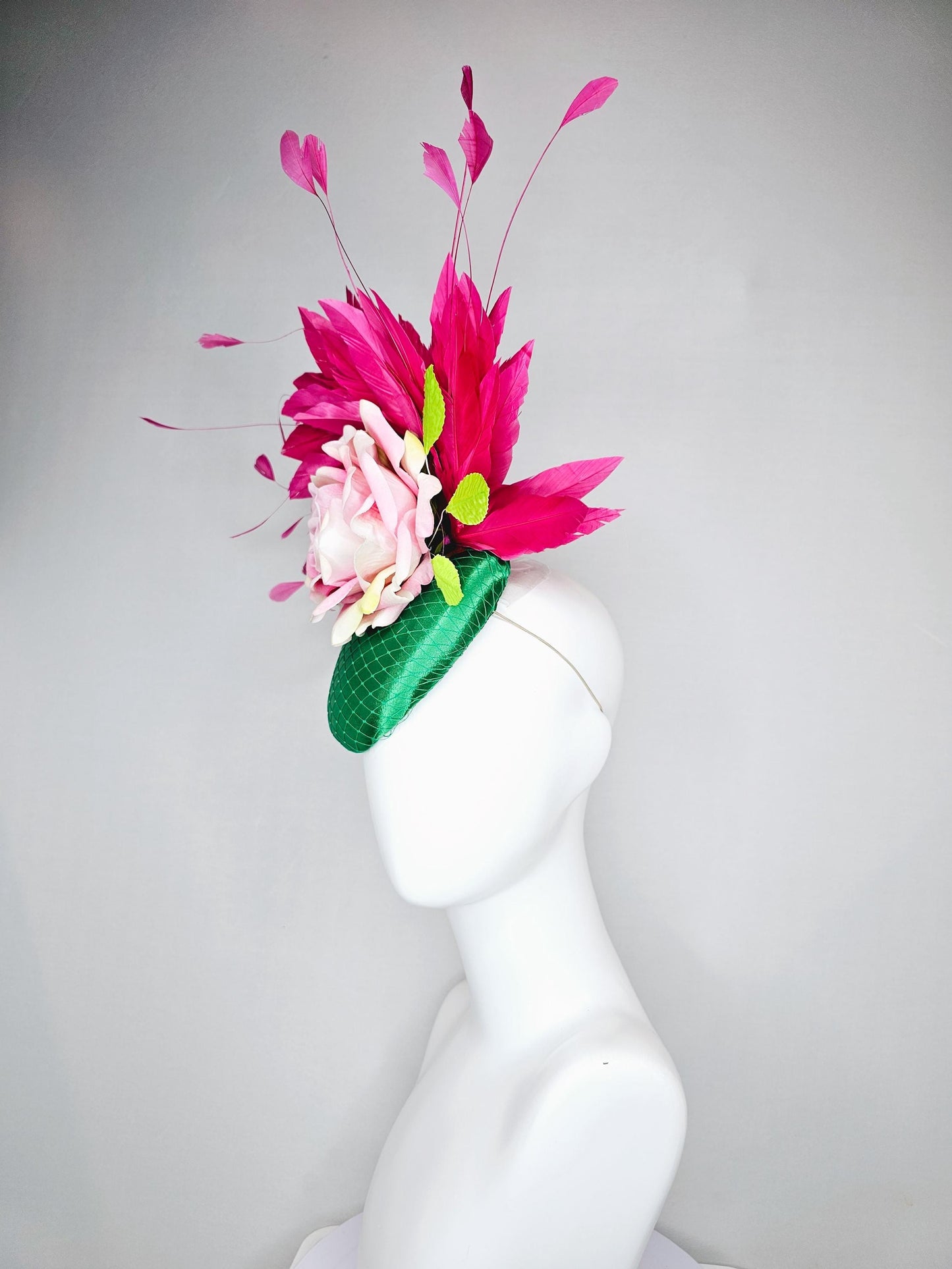 kentucky derby hat fascinator emerald green satin with netting,ombre light pink satin rose,lime green leaves and pink branching feathers