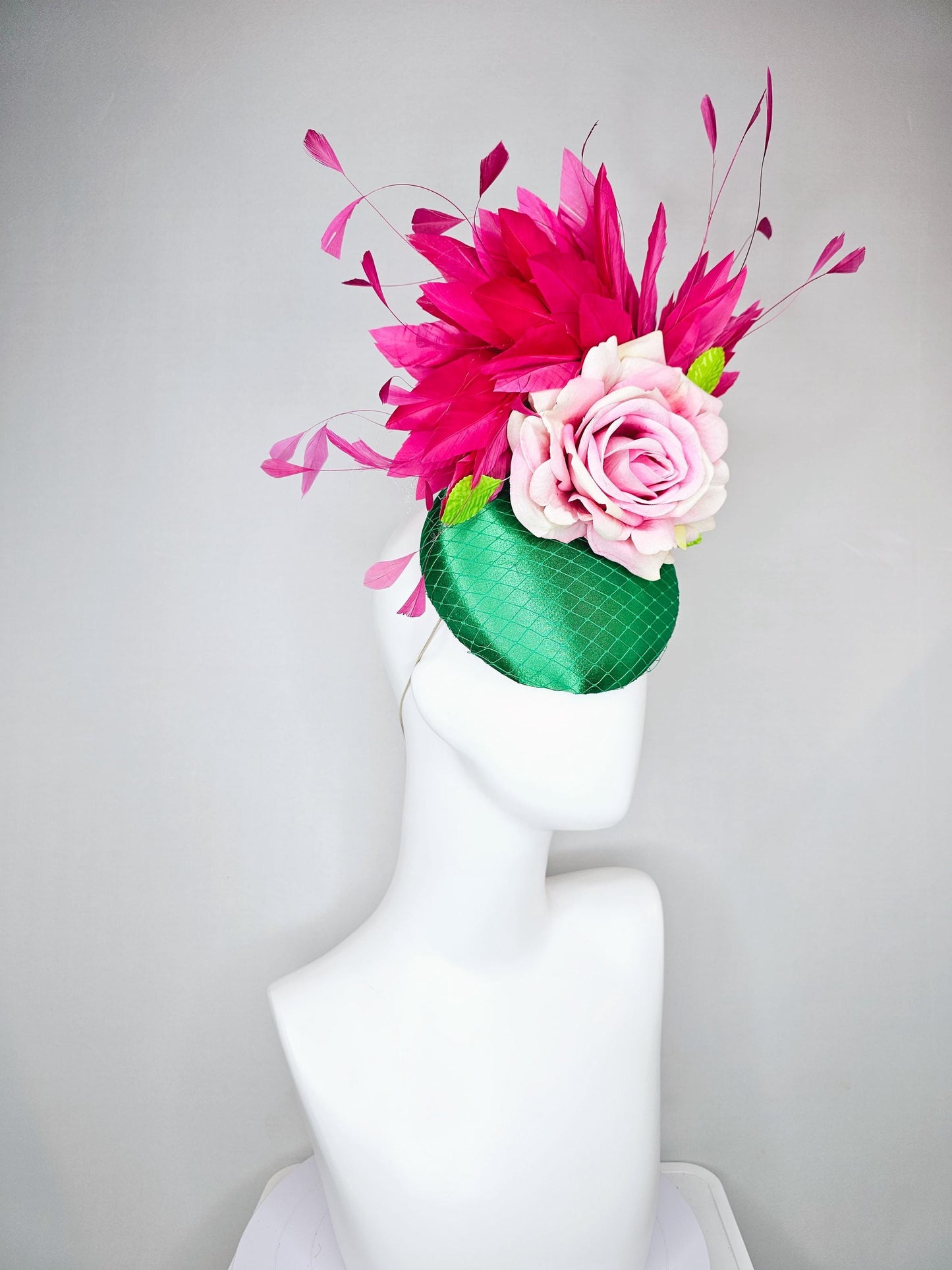 kentucky derby hat fascinator emerald green satin with netting,ombre light pink satin rose,lime green leaves and pink branching feathers