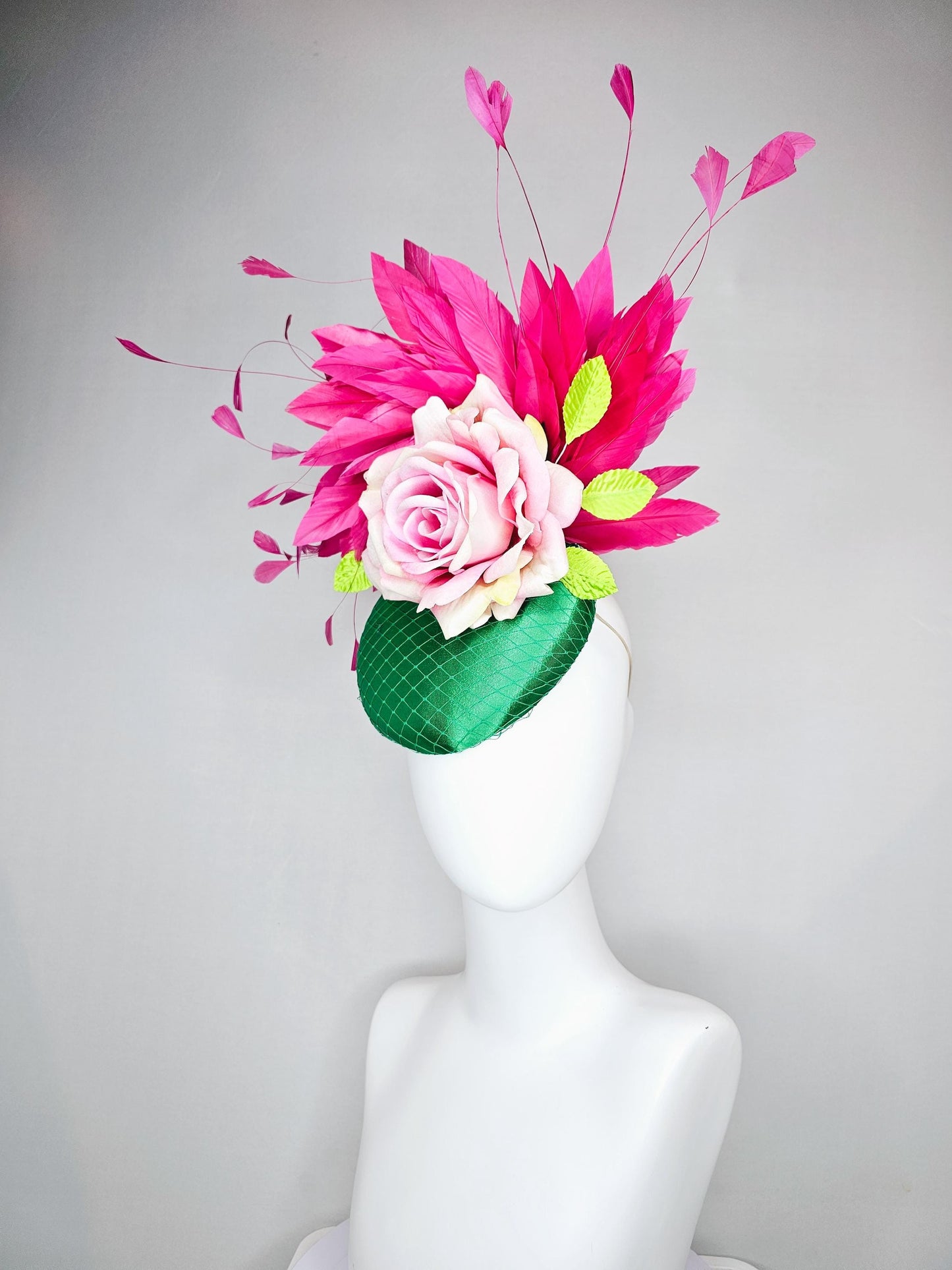 kentucky derby hat fascinator emerald green satin with netting,ombre light pink satin rose,lime green leaves and pink branching feathers