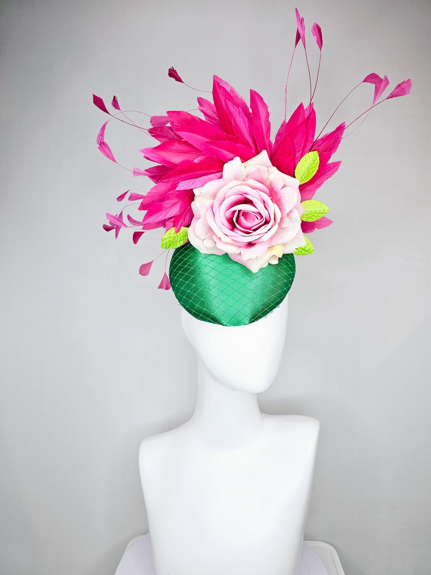 kentucky derby hat fascinator emerald green satin with netting,ombre light pink satin rose,lime green leaves and pink branching feathers