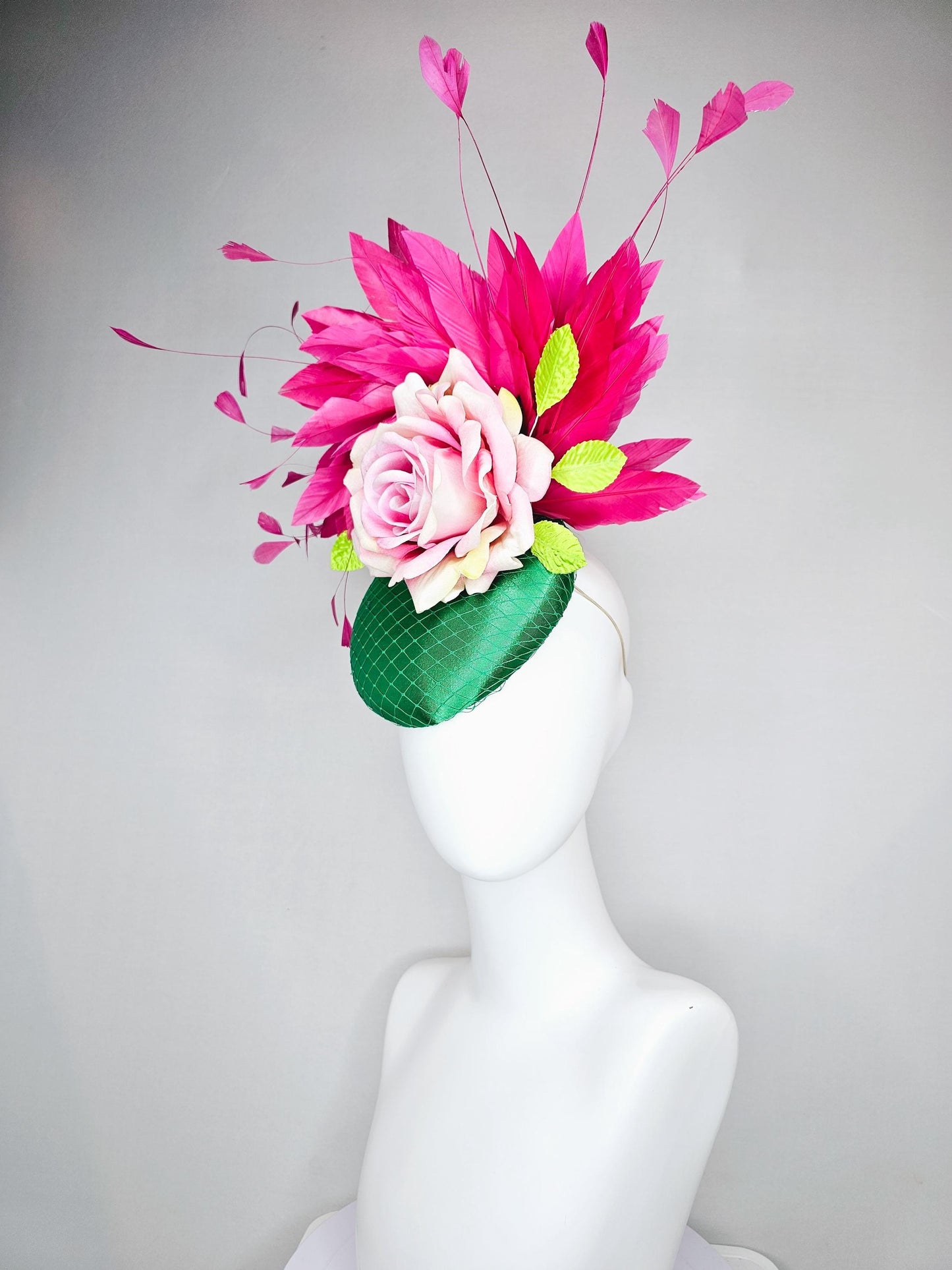 kentucky derby hat fascinator emerald green satin with netting,ombre light pink satin rose,lime green leaves and pink branching feathers