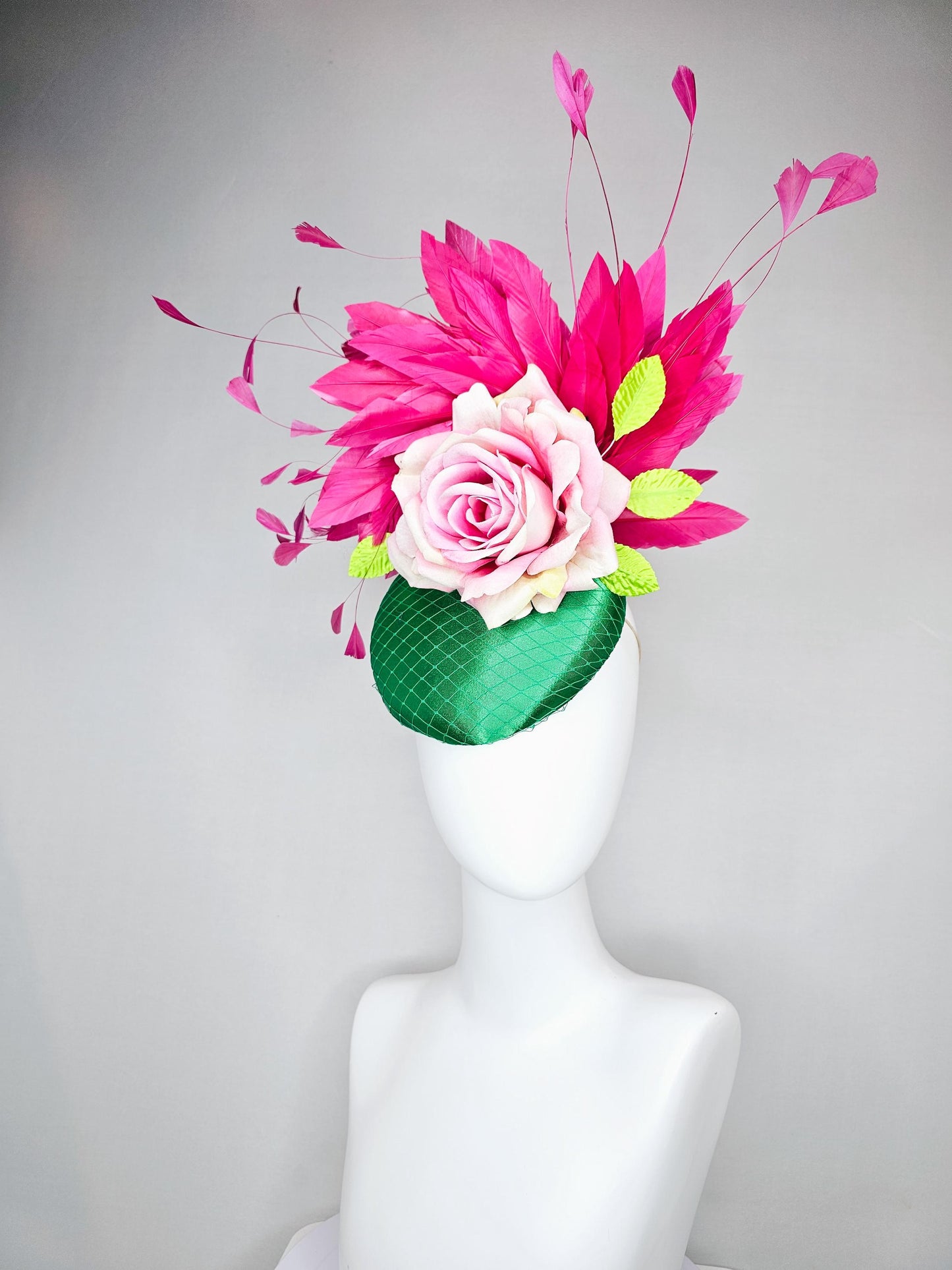 kentucky derby hat fascinator emerald green satin with netting,ombre light pink satin rose,lime green leaves and pink branching feathers