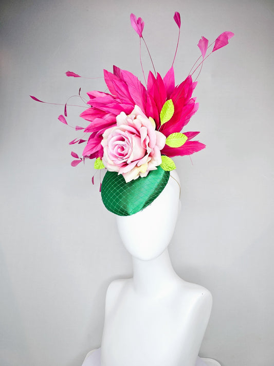 kentucky derby hat fascinator emerald green satin with netting,ombre light pink satin rose,lime green leaves and pink branching feathers