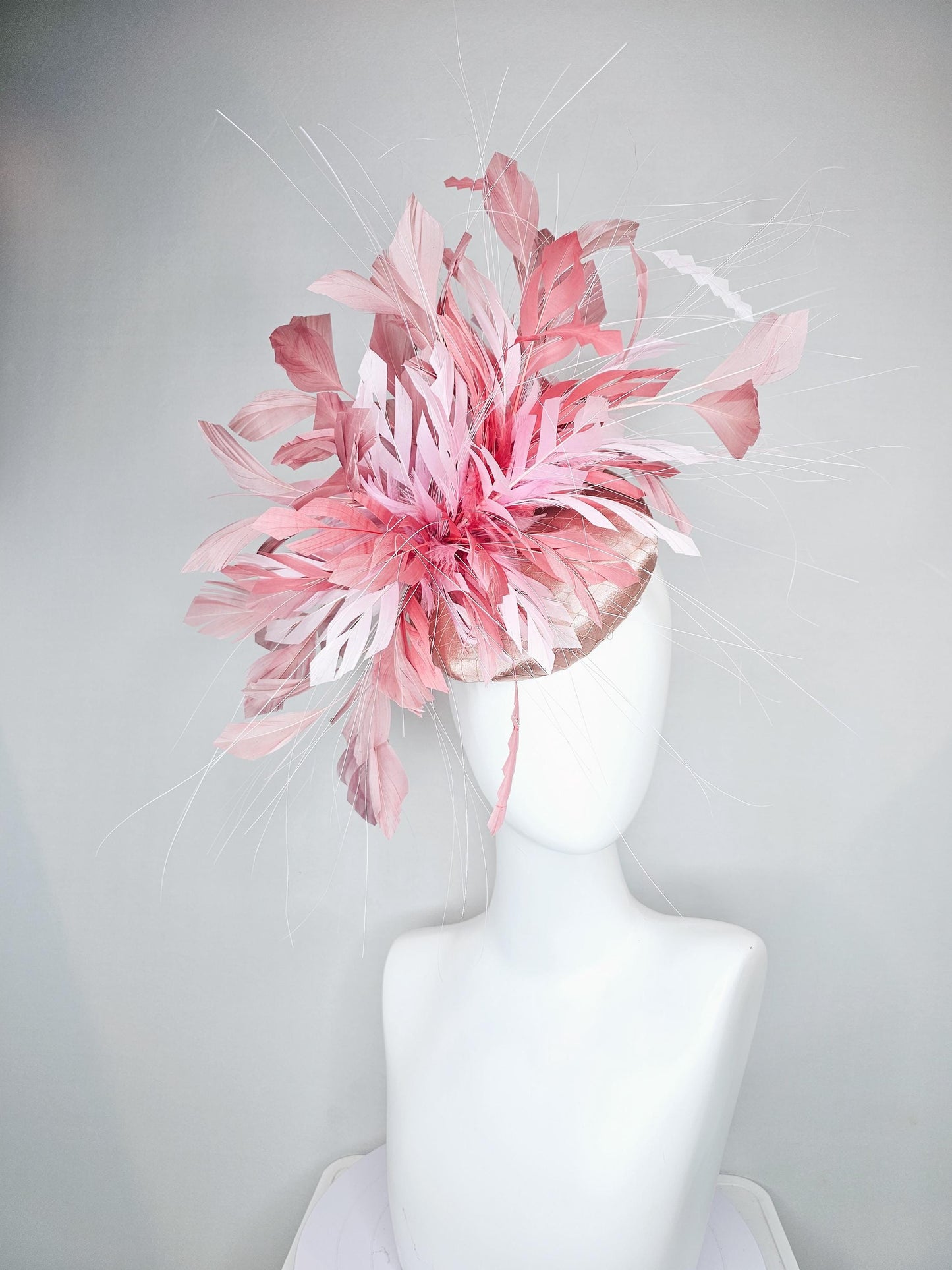 kentucky derby hat fascinator champagne satin with netting with light pink,blush pink,and dust pink branching feathers