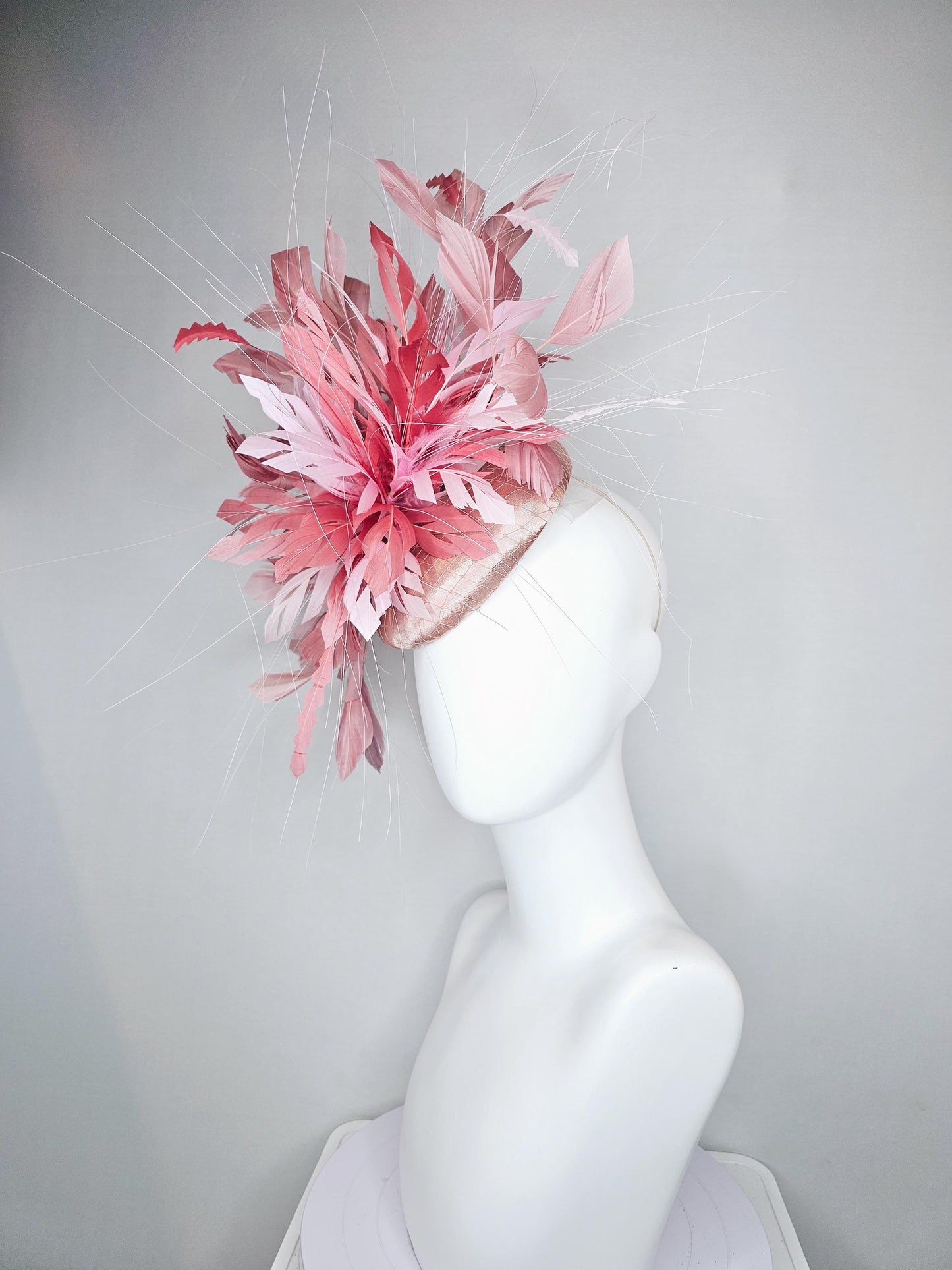 kentucky derby hat fascinator champagne satin with netting with light pink,blush pink,and dust pink branching feathers