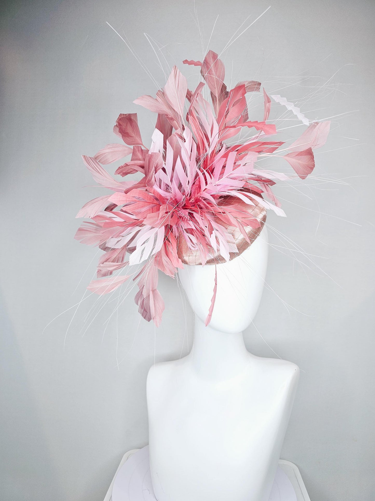 kentucky derby hat fascinator champagne satin with netting with light pink,blush pink,and dust pink branching feathers