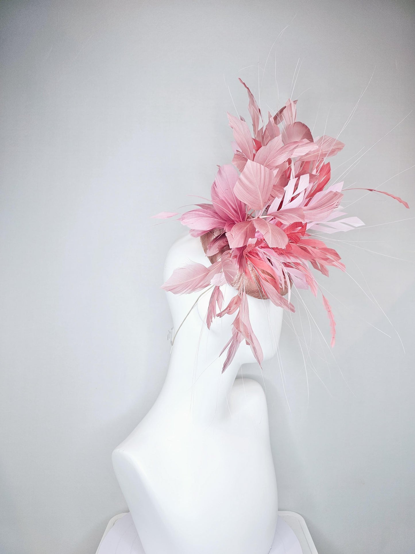 kentucky derby hat fascinator champagne satin with netting with light pink,blush pink,and dust pink branching feathers