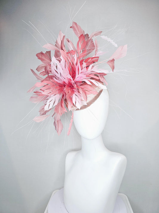 kentucky derby hat fascinator champagne satin with netting with light pink,blush pink,and dust pink branching feathers