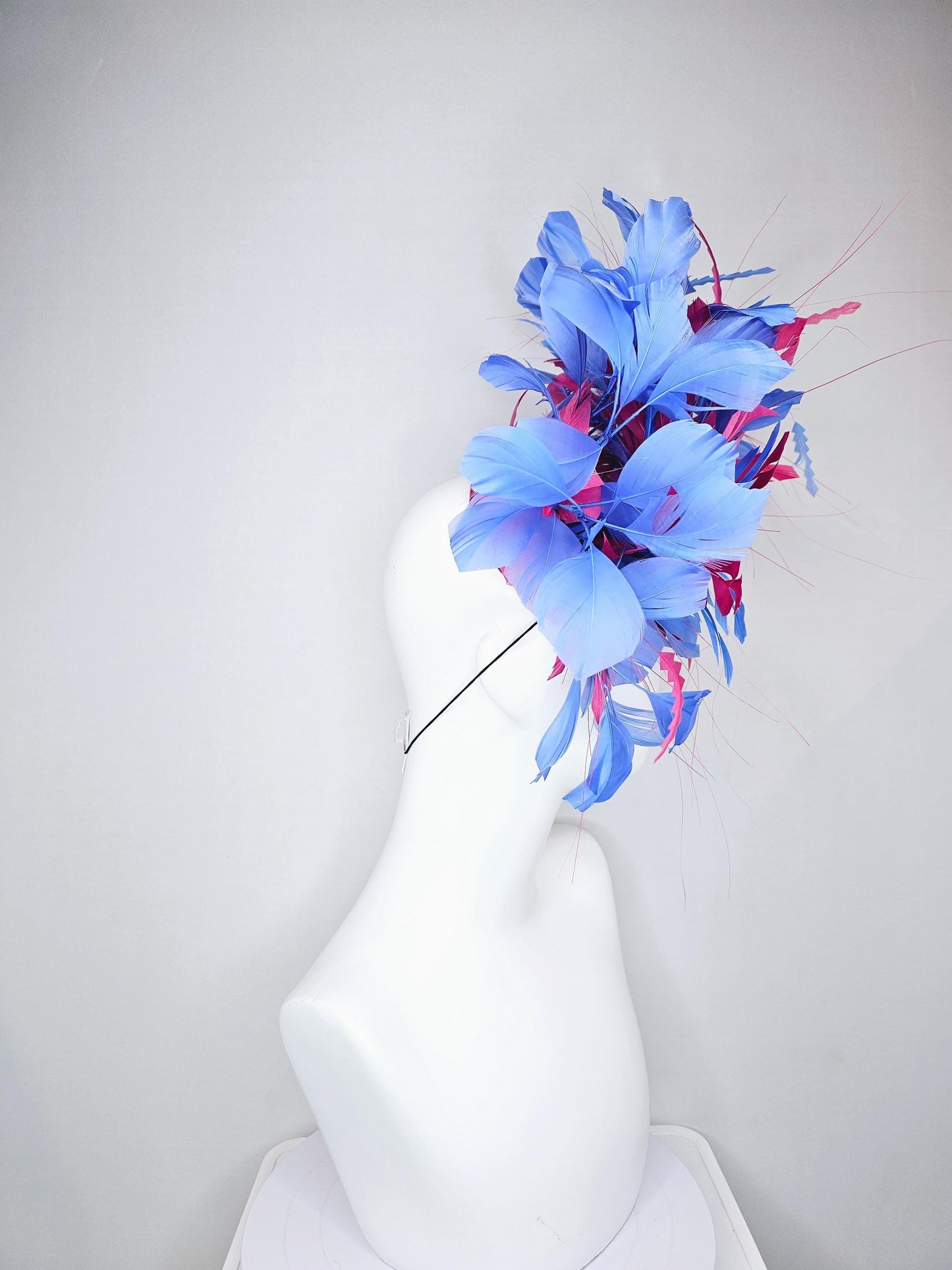 kentucky derby hat fascinator bright pink satin with netting with hot pink and cobalt blue branching feathers