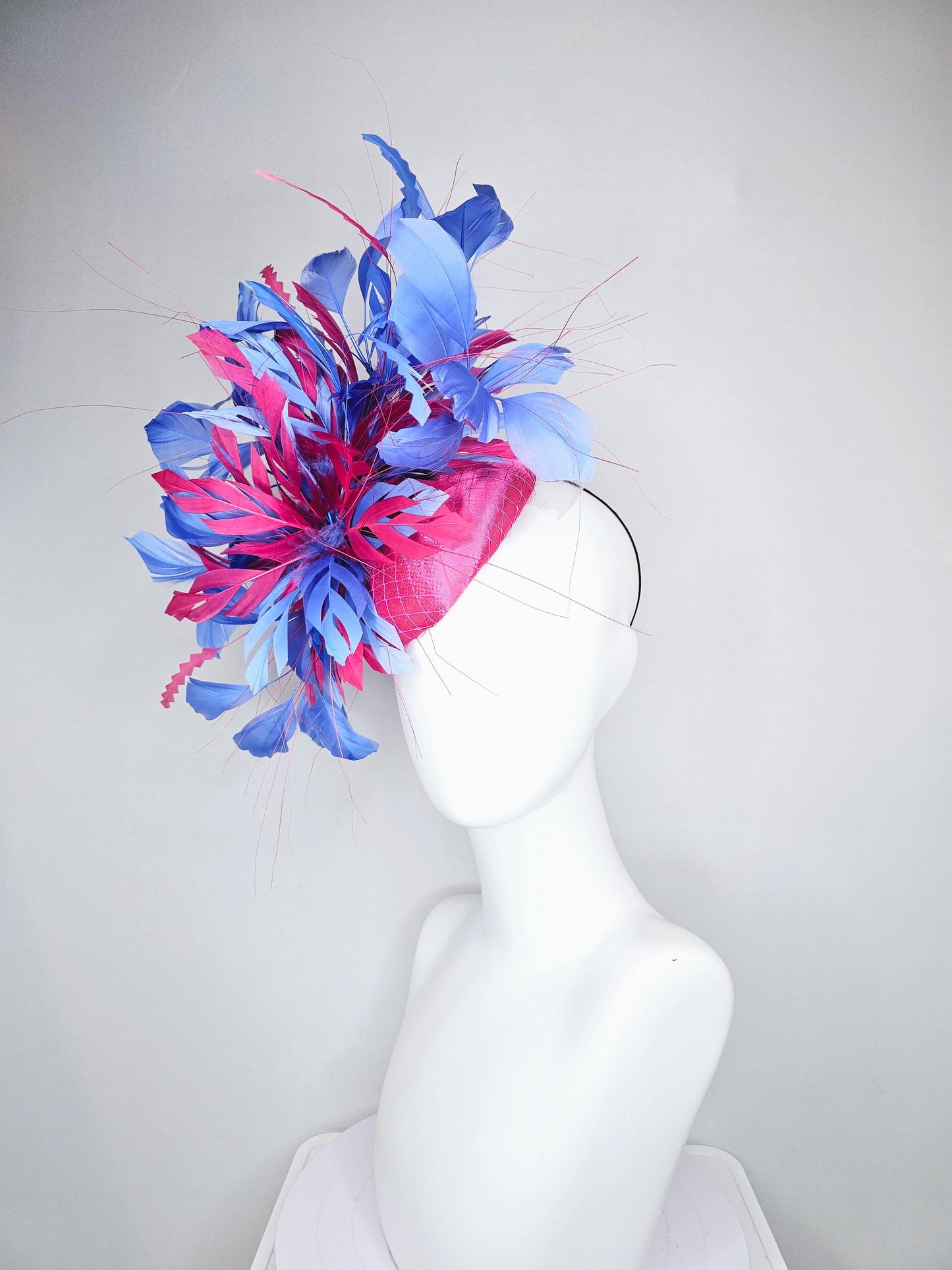 kentucky derby hat fascinator bright pink satin with netting with hot pink and cobalt blue branching feathers