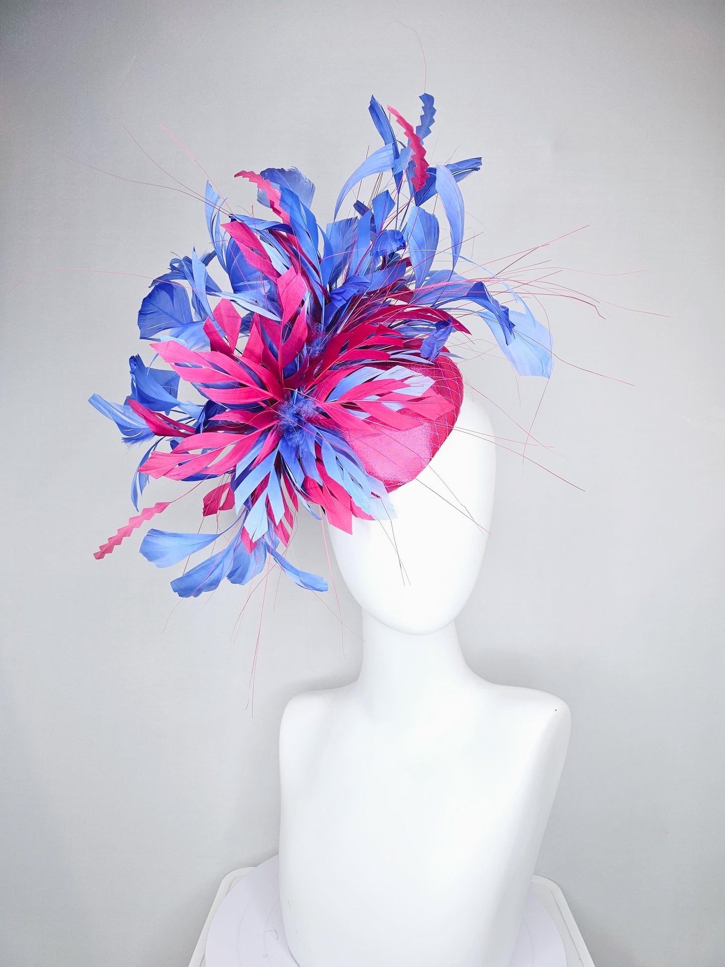 kentucky derby hat fascinator bright pink satin with netting with hot pink and cobalt blue branching feathers