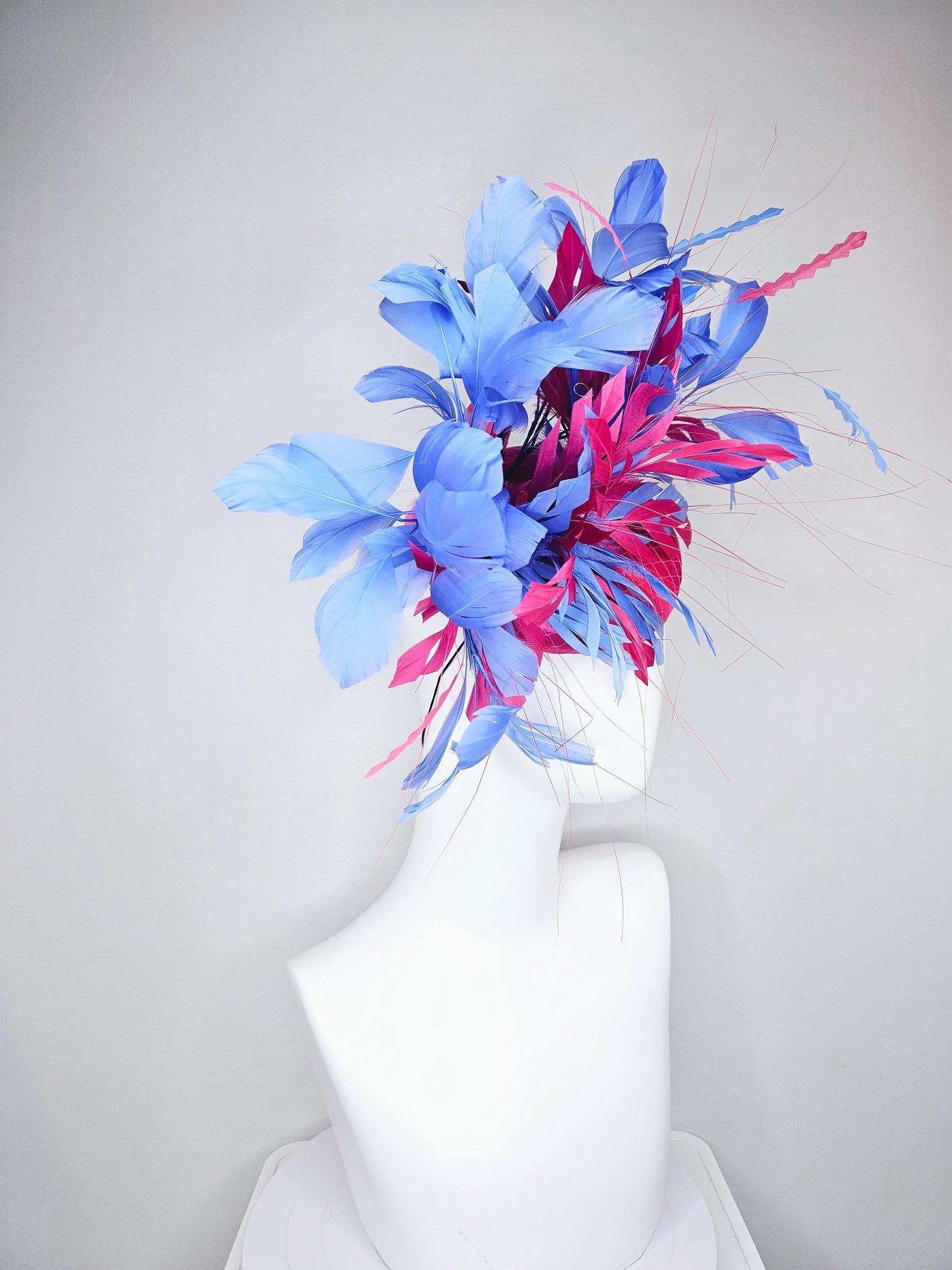 kentucky derby hat fascinator bright pink satin with netting with hot pink and cobalt blue branching feathers