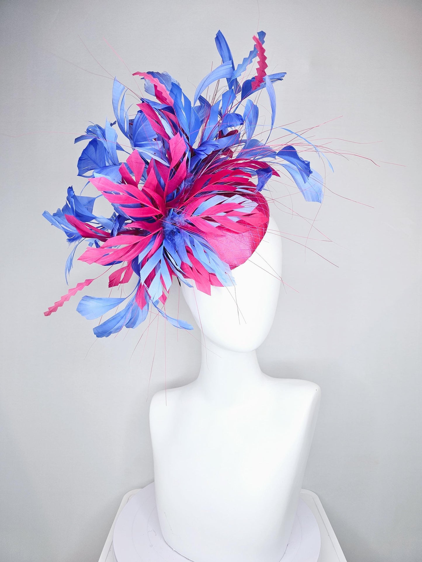 kentucky derby hat fascinator bright pink satin with netting with hot pink and cobalt blue branching feathers