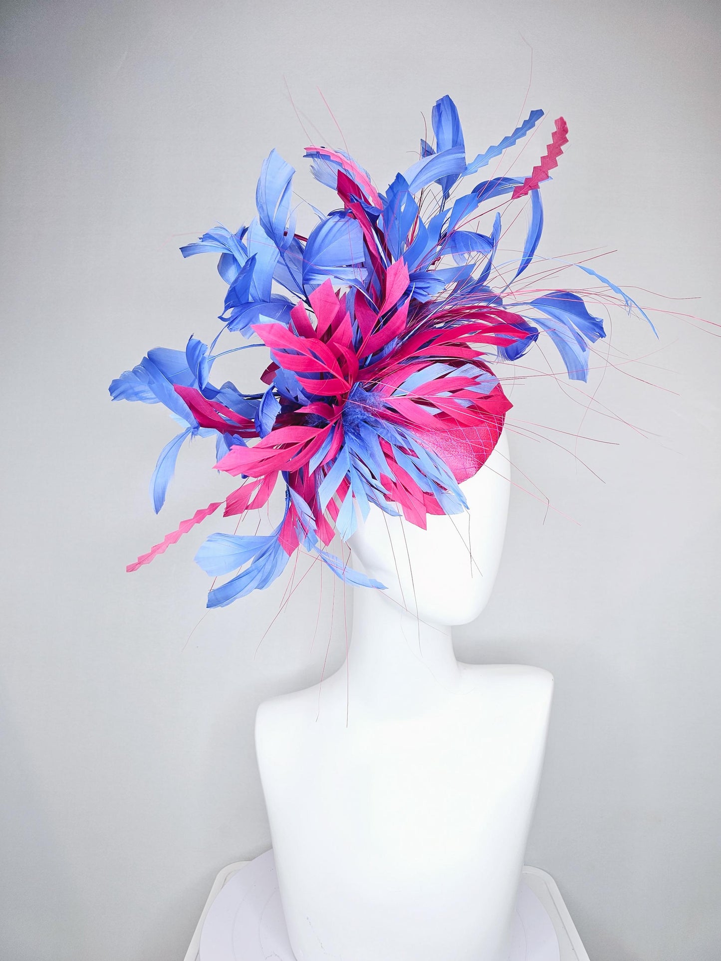 kentucky derby hat fascinator bright pink satin with netting with hot pink and cobalt blue branching feathers